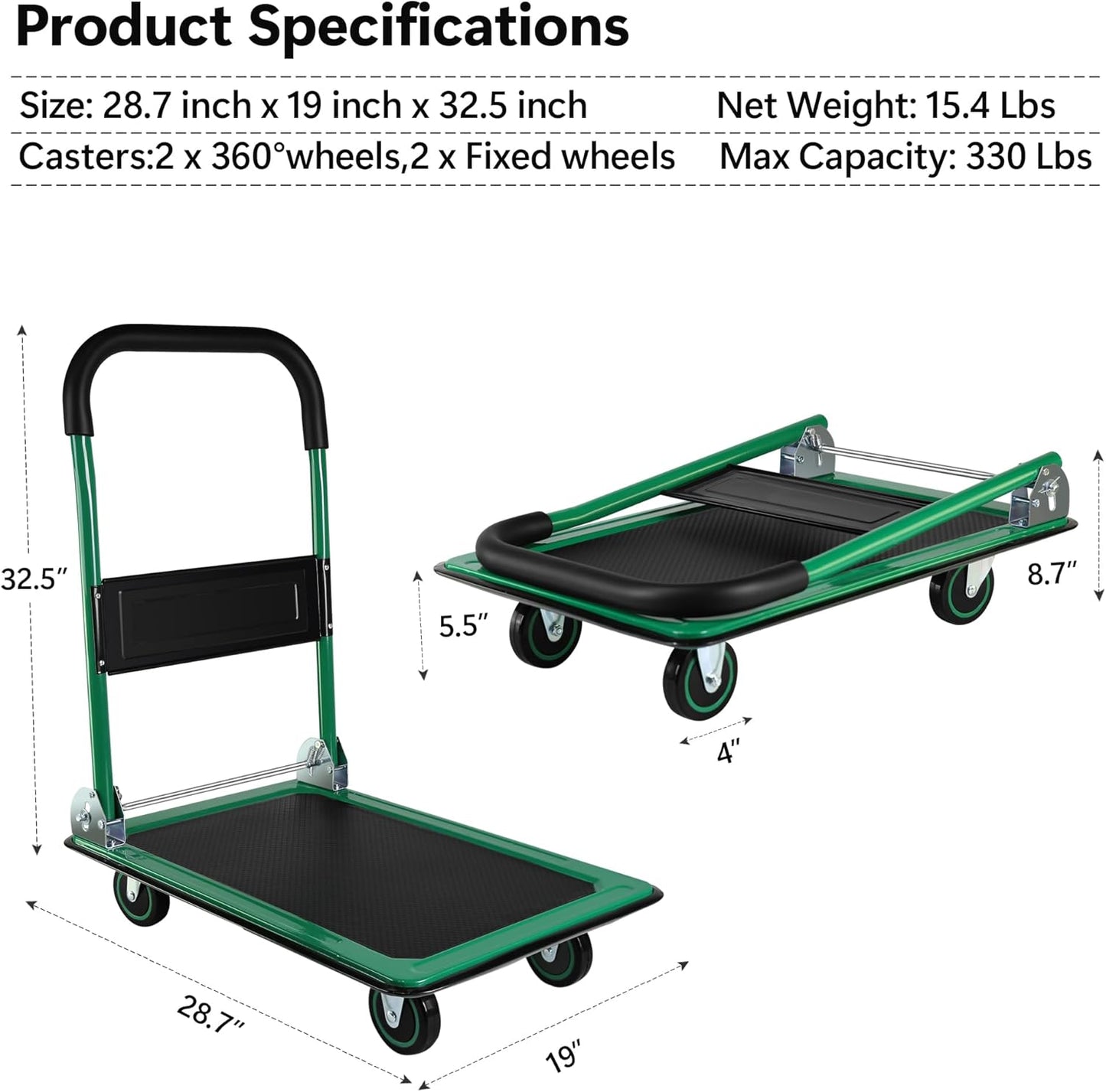 Push Cart, Heavy Duty Moving Platform Hand Truck with 330 lbs Capacity, Upgraded Foldable and Space-Saving Collapsible Design, Flat Bed Wagon, 360 Degree Swivel Wheels, Green