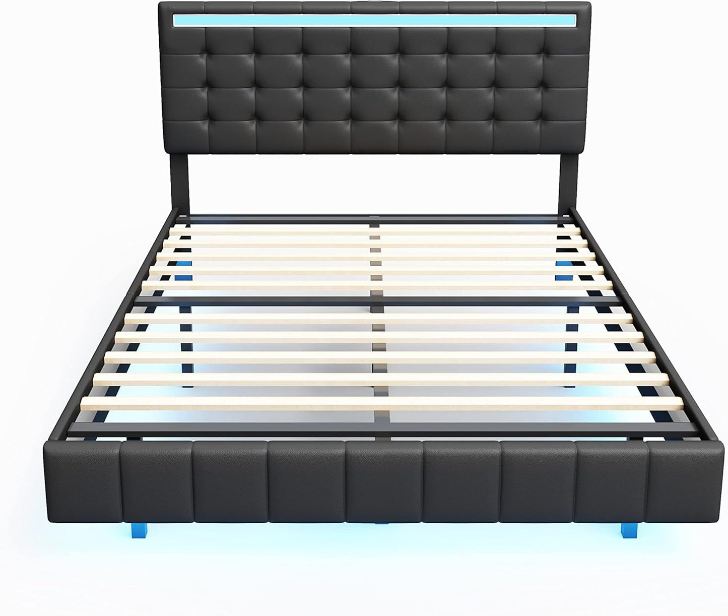 Queen Size Floating Lights and USB Charging,Modern Upholstered Platform LED Bed Frame,Black, Black2