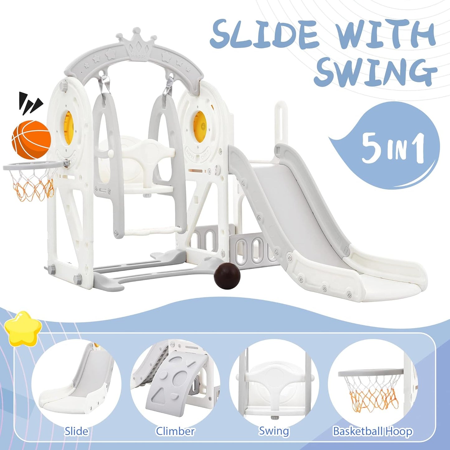 5-in-1 Toddler Swing and Slide Set - Versatile Kids Playground with Slide, Swing, Basketball Hoop & Toy Storage - Safe HDPE Material for Indoor/Outdoor Play