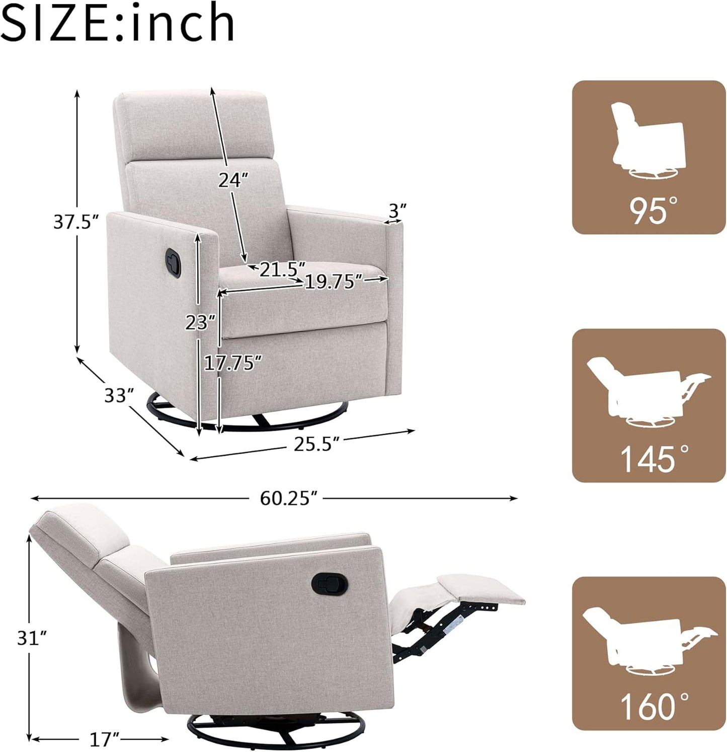 Modern Beige Upholstered Rocker Nursery Chair-Plush Seating Glider, Swivel Recliner, Gray