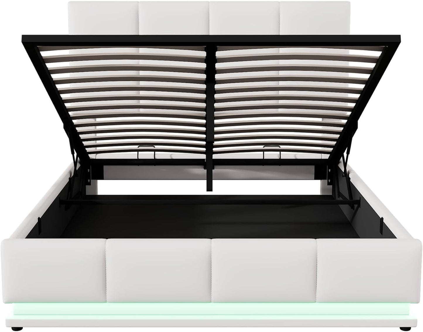 Full-Size Tufted Upholstered Platform Bed with Hydraulic Storage, LED Lights & USB Charger, Premium White PU Leather