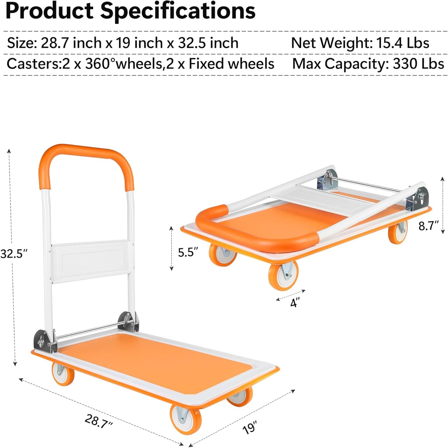 Push Cart, Heavy Duty Moving Platform Hand Truck with 330 lbs Capacity, Upgraded Foldable and Space-Saving Collapsible Design, Flat Bed Wagon, 360 Degree Swivel Wheels, Green