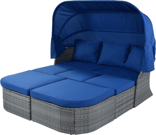 Outdoor Patio Set Daybed Sunbed with Retractable Canopy-Wicker Conversation Furniture, Navy Blue