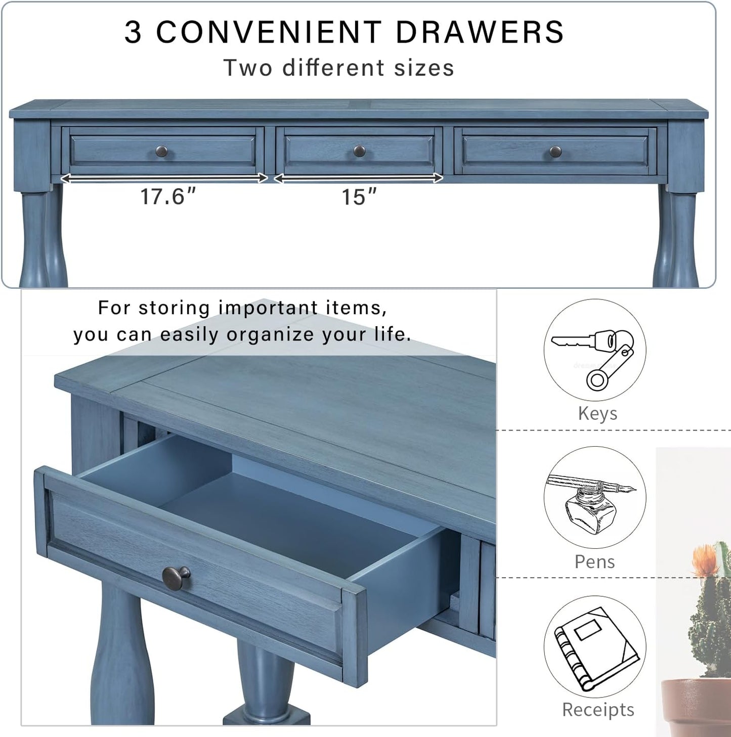 63" Long Console Drawers and Shelf-Modern Entryway Table for Hallway, Living Room, Antique White