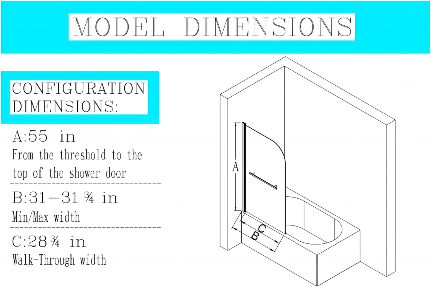 31" W x 55" H Frameless Bathtub Shower Doors, Pivot Door Panel, 1/4" Thick SGCC Tempered Glass, Matte Black Finish