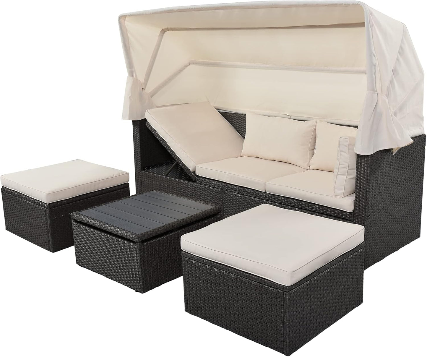 Outdoor Patio Set Daybed Sunbed with Retractable Canopy-Wicker Conversation Furniture, Navy Blue