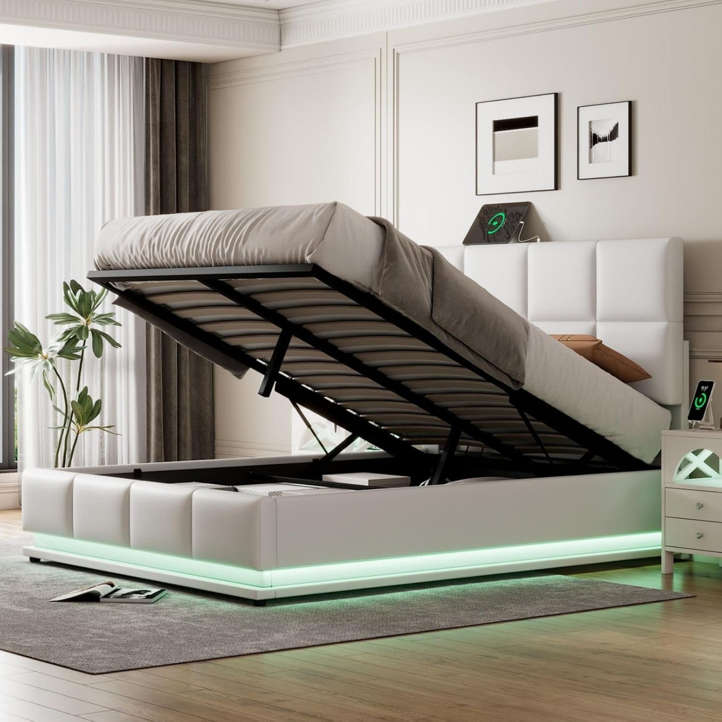 Full-Size Tufted Upholstered Platform Bed with Hydraulic Storage, LED Lights & USB Charger, Premium White PU Leather