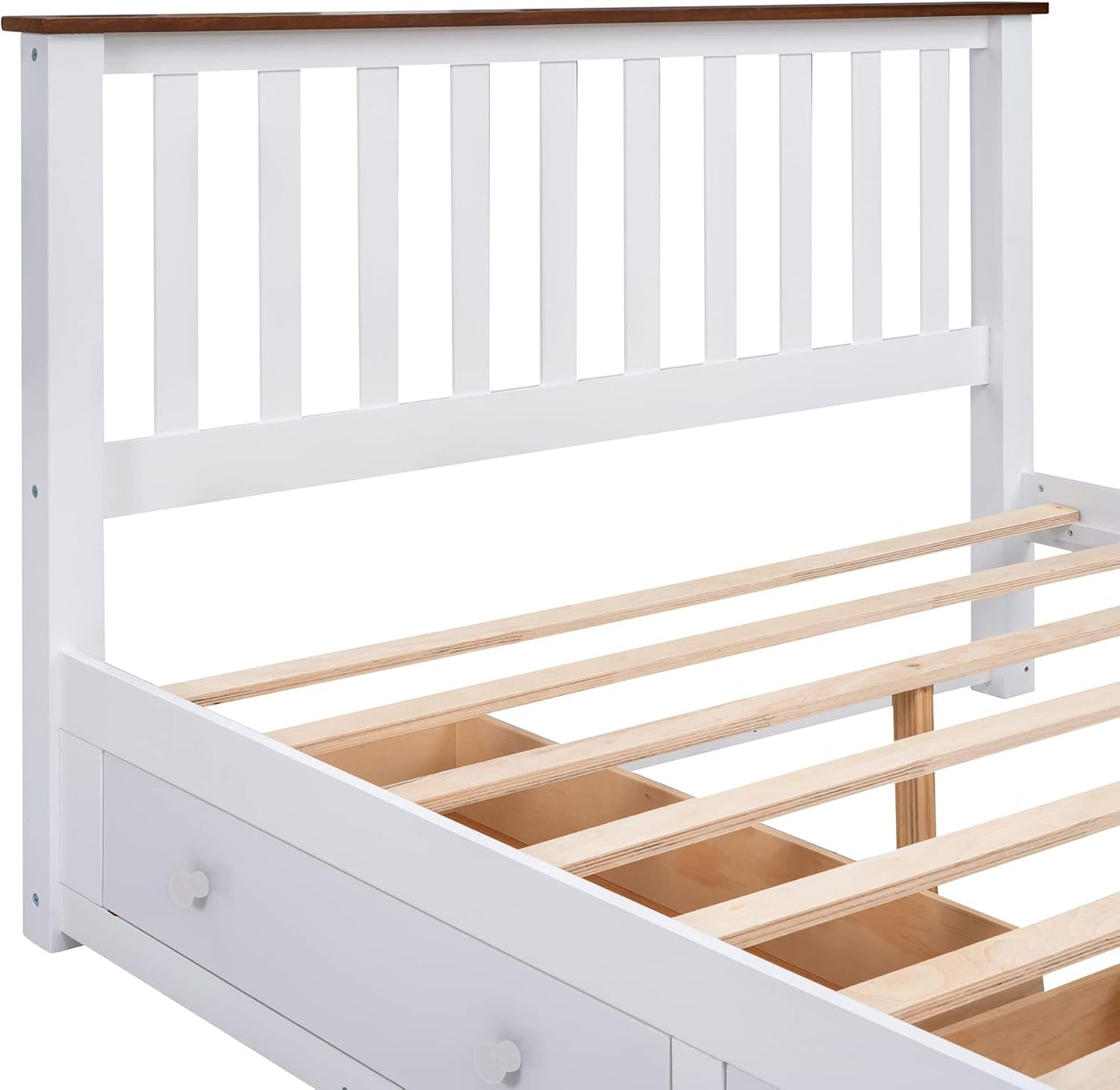 Full Size Wood Platform Bed with Two Drawers and Wooden Slat Support, White+Walnut