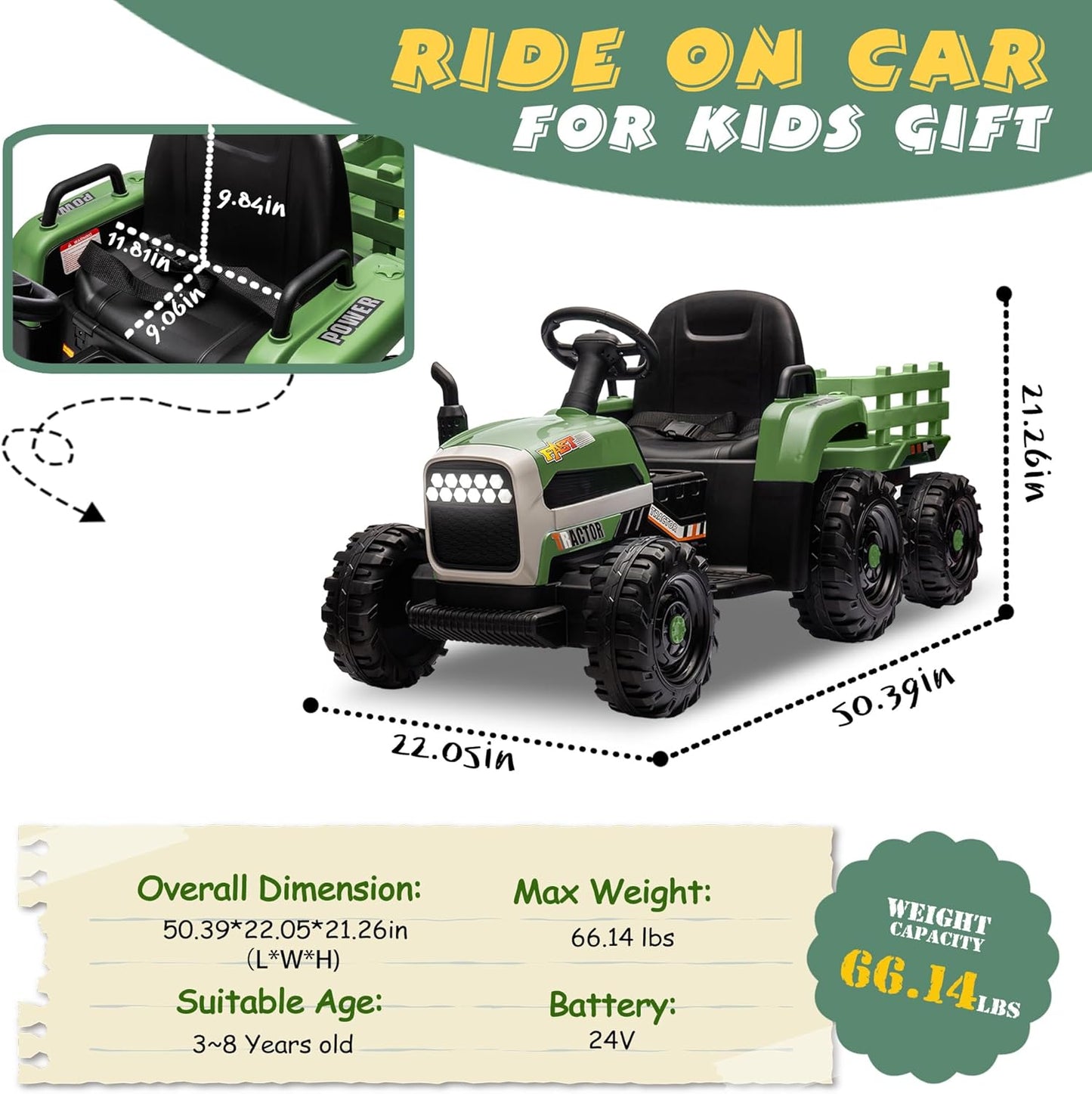 24V Ride On Tractor with Trailer, Ride on Toys for Kids, Dual 200W Motors, 3-Speed, Remote Control, USB/MP3/Bluetooth, LED Lights, Safety Belt, 1.86-4.97 MPH