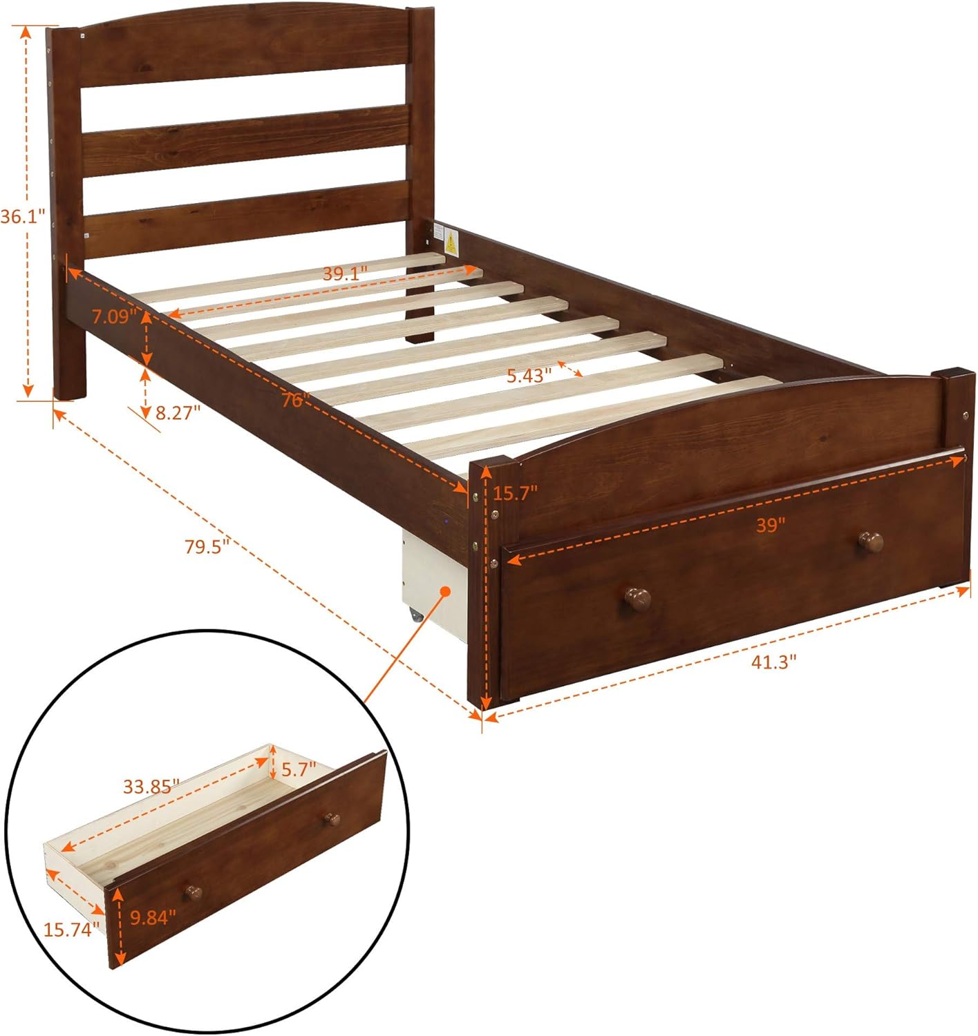 Twin Size Wood Platform Bed with Headboard and Footboard, 100% Pine Wood Frame, Strong Slat Support - Espresso, 80.2”L X 42.9”W X 36.2”H