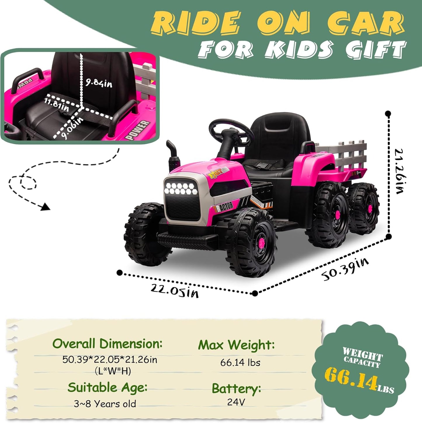 24V Ride On Tractor with Trailer, Ride on Toys for Kids, Dual 200W Motors, 3-Speed, Remote Control, USB/MP3/Bluetooth, LED Lights, Safety Belt, 1.86-4.97 MPH