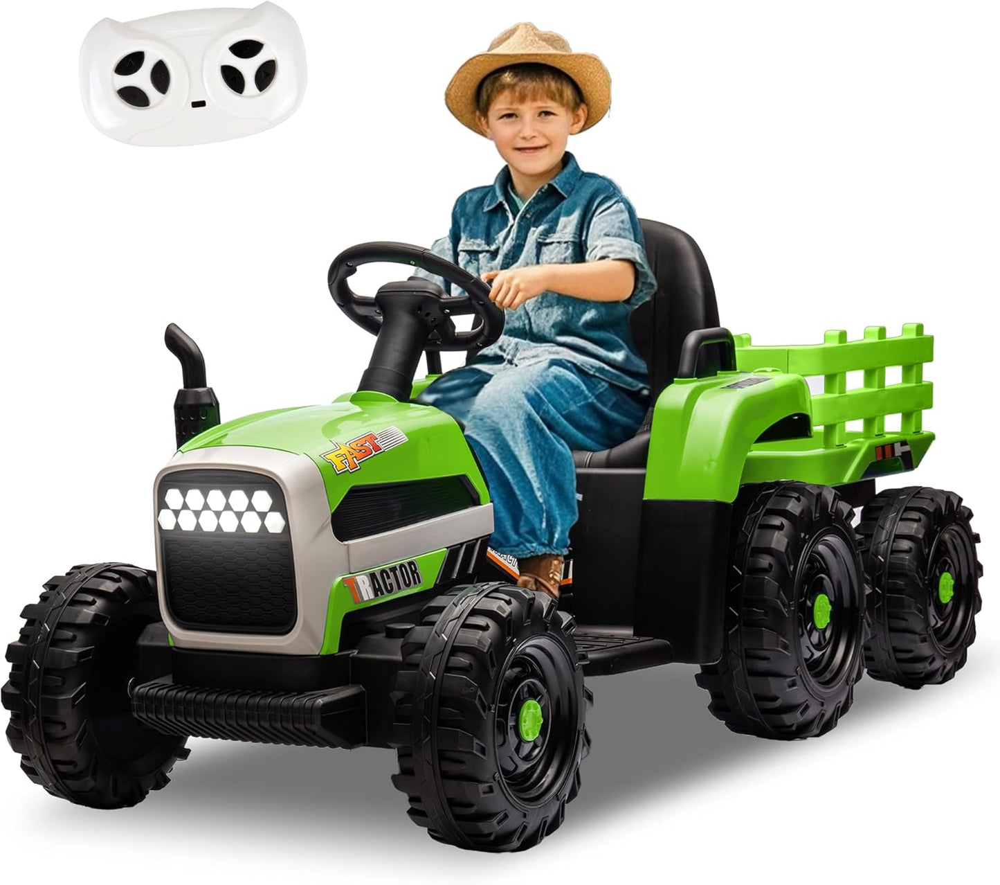 24V Ride On Tractor with Trailer, Ride on Toys for Kids, Dual 200W Motors, 3-Speed, Remote Control, USB/MP3/Bluetooth, LED Lights, Safety Belt, 1.86-4.97 MPH