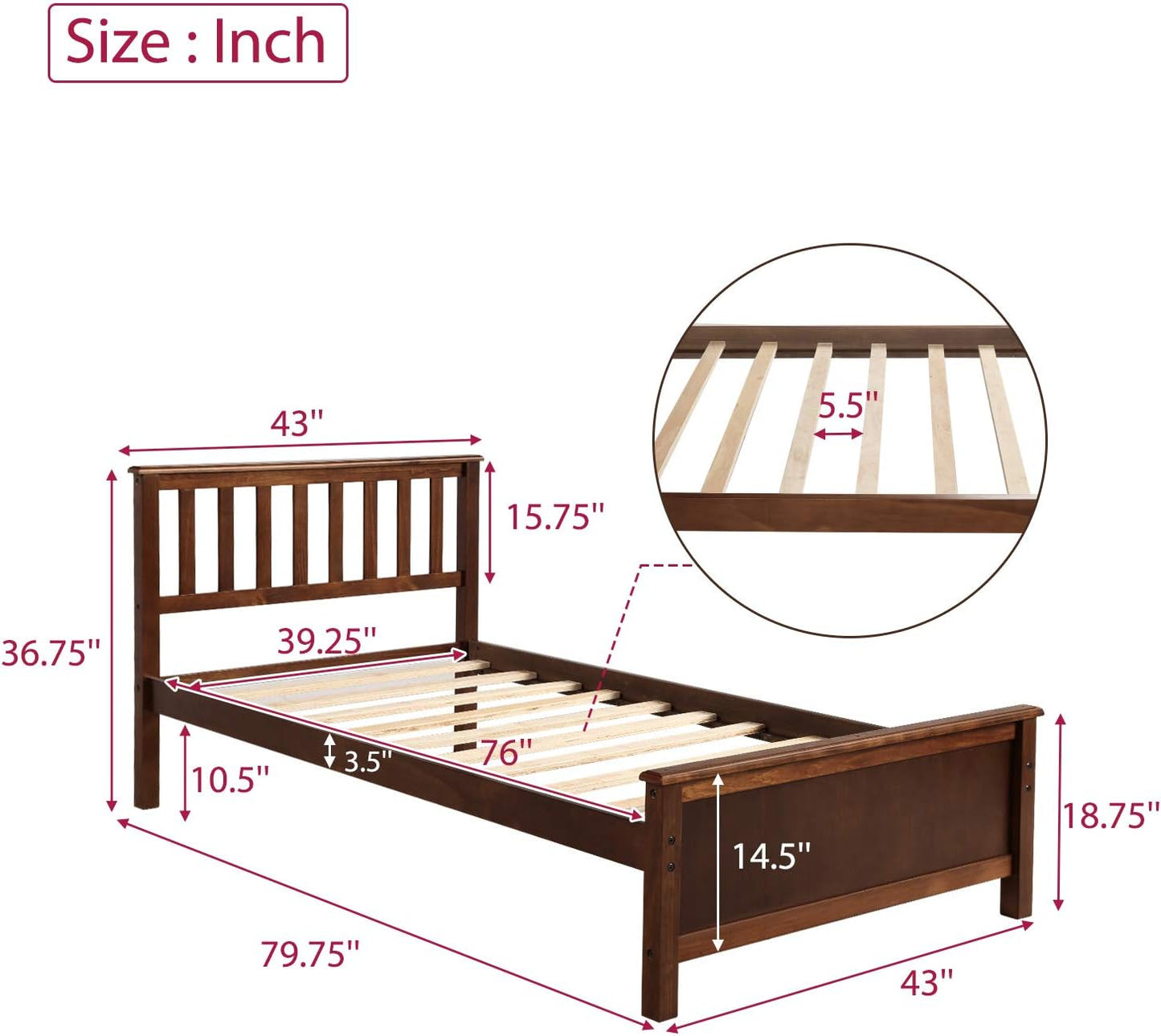 Twin Size Wood Platform Bed with Headboard and Footboard, 100% Pine Wood Frame, Strong Slat Support - Espresso, 80.2”L X 42.9”W X 36.2”H