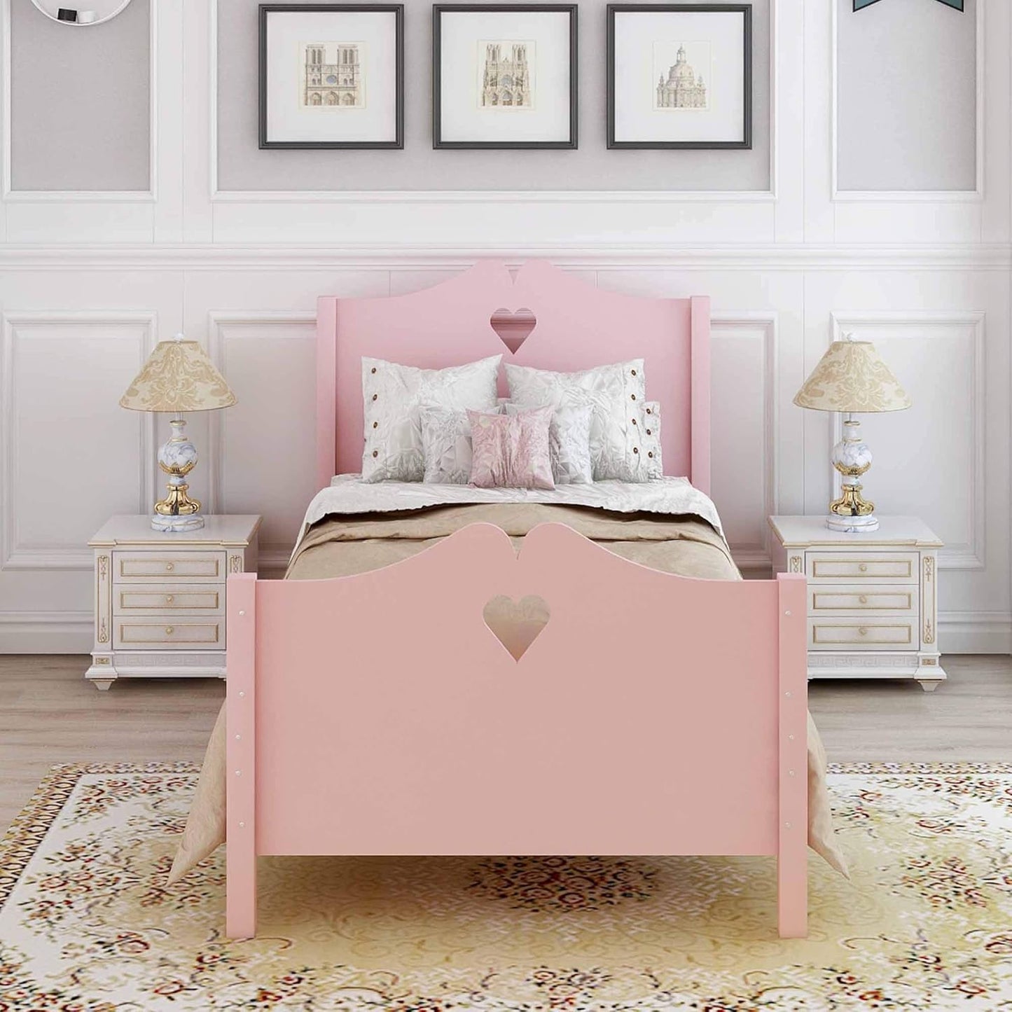 Classic Twin Size Wood Platform Bed with Headboard, Footboard, and Strong Wood Slat Support - Elegant Pink Design, 80”L X 42”W X 43”H