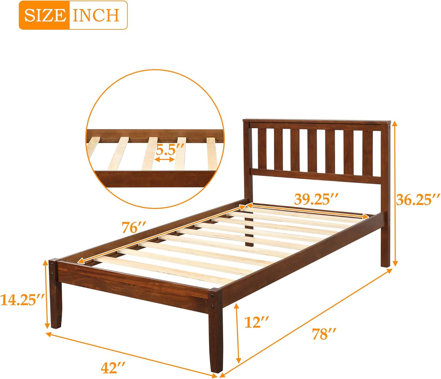 Twin Size Wood Platform Bed with Headboard and Footboard, 100% Pine Wood Frame, Strong Slat Support - Espresso, 80.2”L X 42.9”W X 36.2”H