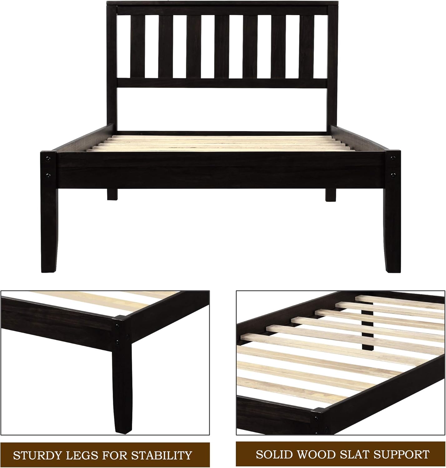 Twin Size Wood Platform Bed with Headboard and Footboard, 100% Pine Wood Frame, Strong Slat Support - Espresso, 80.2”L X 42.9”W X 36.2”H