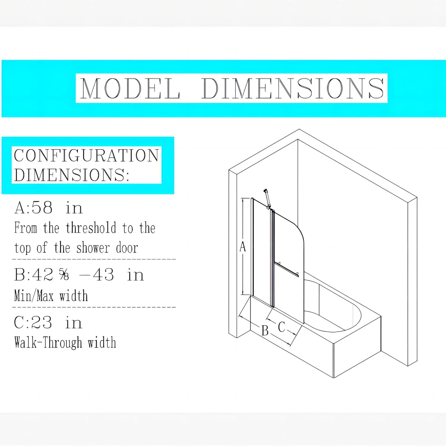 31" W x 55" H Frameless Bathtub Shower Doors, Pivot Door Panel, 1/4" Thick SGCC Tempered Glass, Matte Black Finish