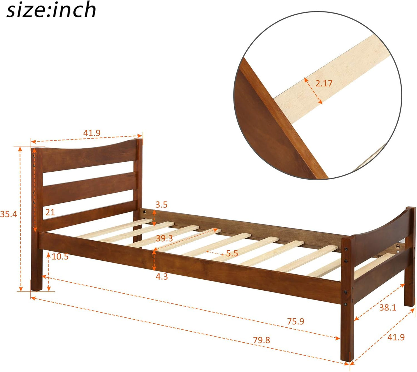 Twin Size Wood Platform Bed with Headboard and Footboard, 100% Pine Wood Frame, Strong Slat Support - Espresso, 80.2”L X 42.9”W X 36.2”H