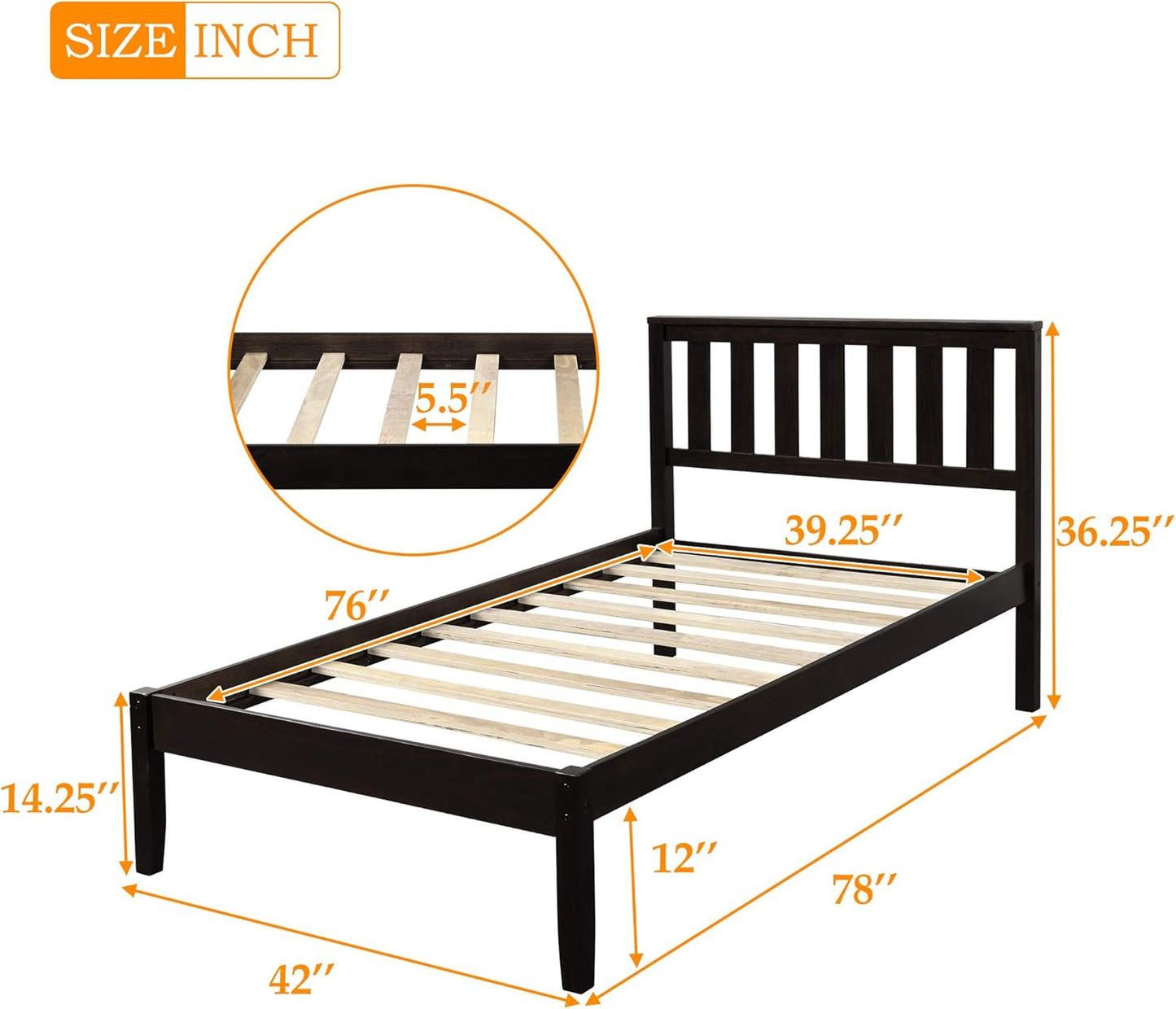 Twin Size Wood Platform Bed with Headboard and Footboard, 100% Pine Wood Frame, Strong Slat Support - Espresso, 80.2”L X 42.9”W X 36.2”H