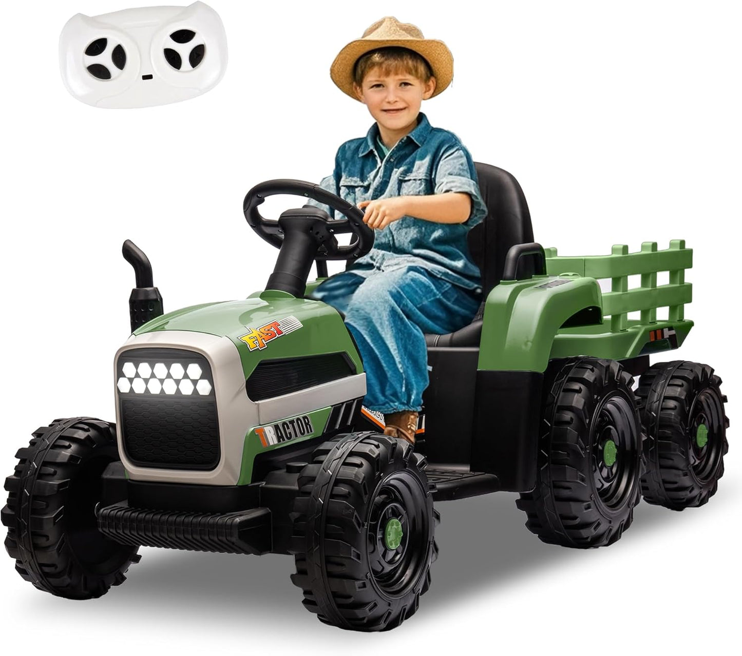 24V Ride On Tractor with Trailer, Ride on Toys for Kids, Dual 200W Motors, 3-Speed, Remote Control, USB/MP3/Bluetooth, LED Lights, Safety Belt, 1.86-4.97 MPH