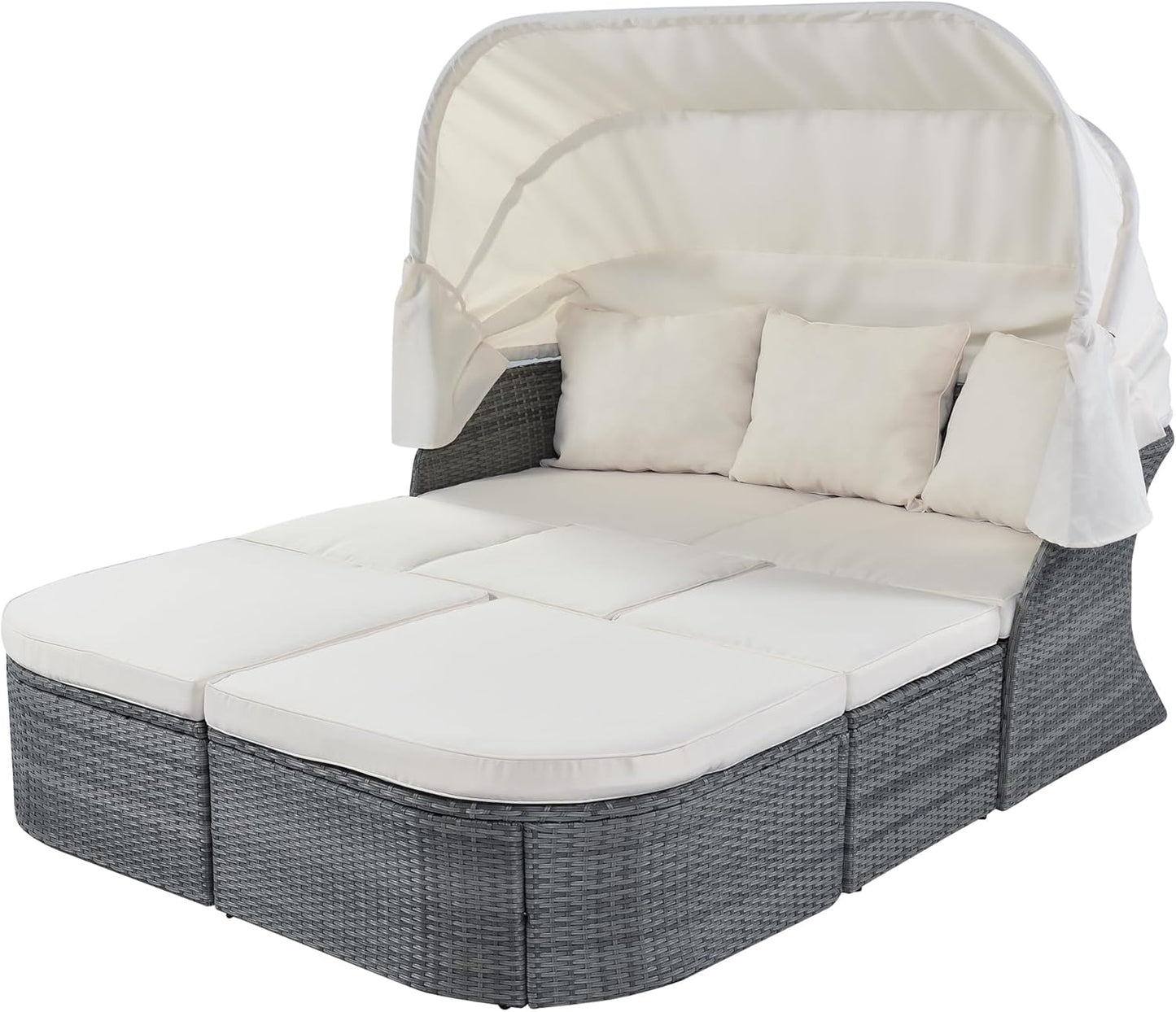 Outdoor Patio Set Daybed Sunbed with Retractable Canopy-Wicker Conversation Furniture, Navy Blue