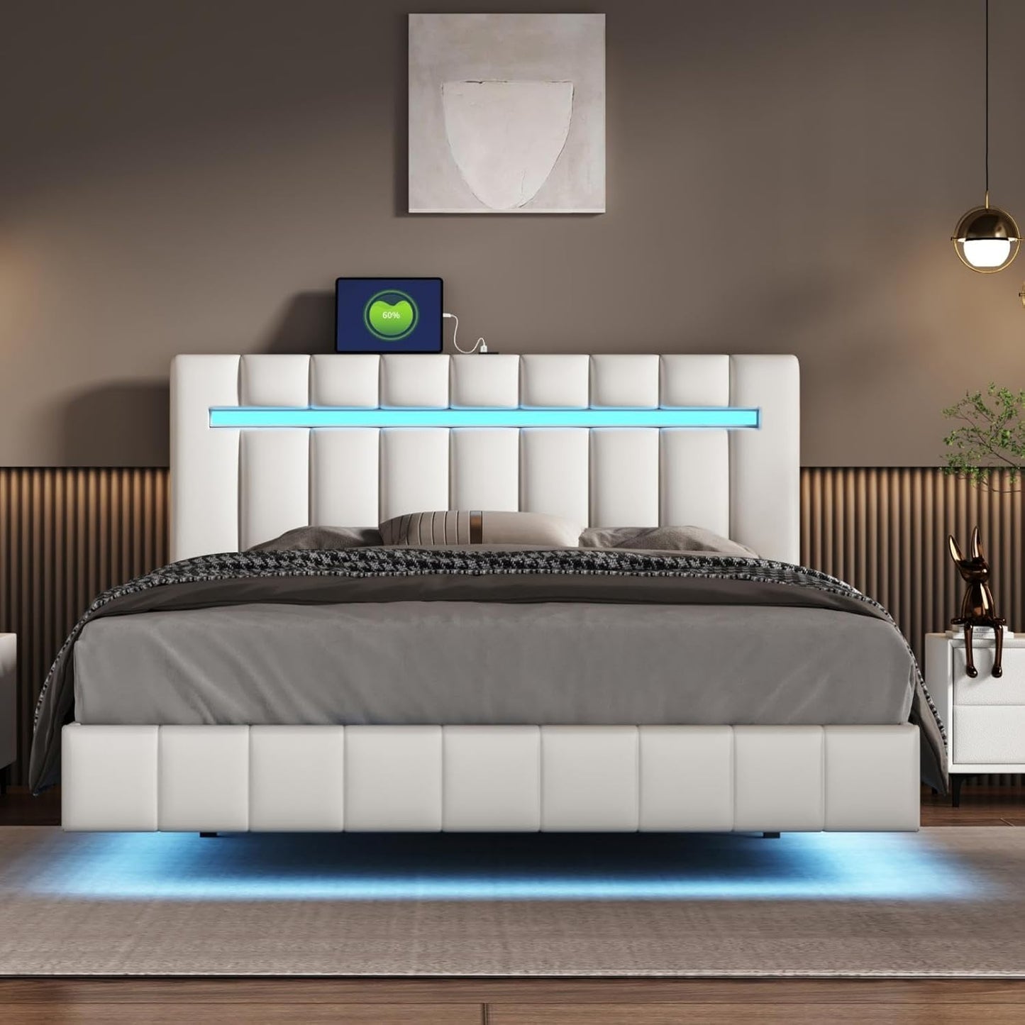 Queen Size Floating Lights and USB Charging,Modern Upholstered Platform LED Bed Frame,Black, Black2