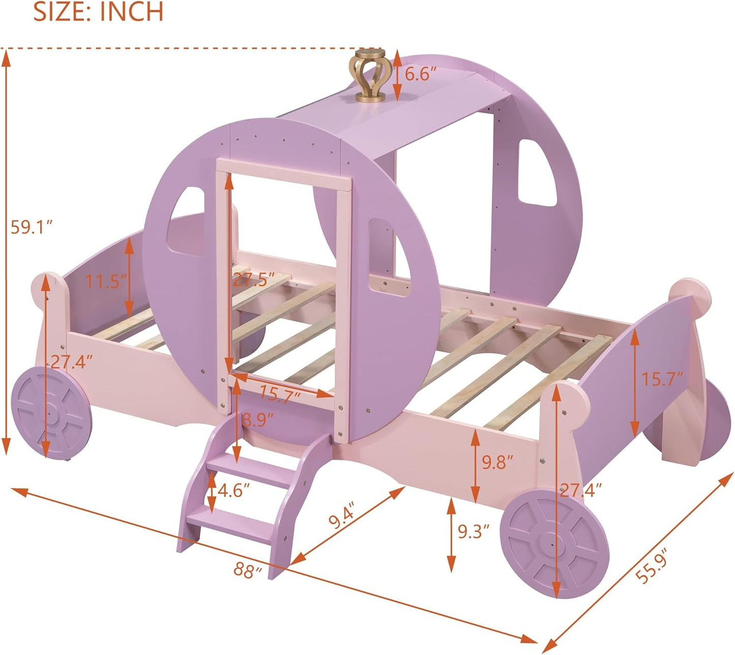 Princess Carriage Bed Frame with Crown, Twin Size Wood Platform Car Bed with Stair, Purple+Pink - Ideal Child's Bed