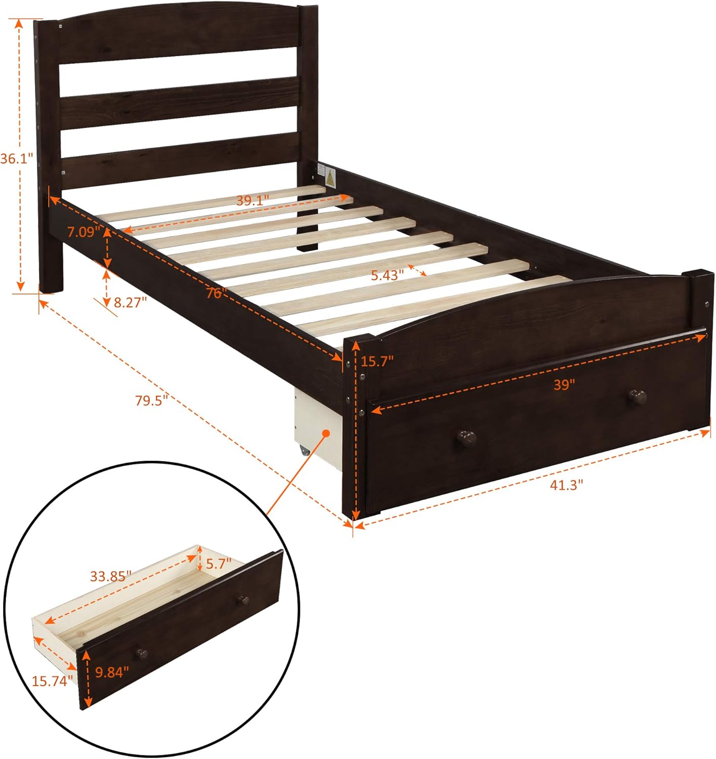 Twin Size Wood Platform Bed with Headboard and Footboard, 100% Pine Wood Frame, Strong Slat Support - Espresso, 80.2”L X 42.9”W X 36.2”H