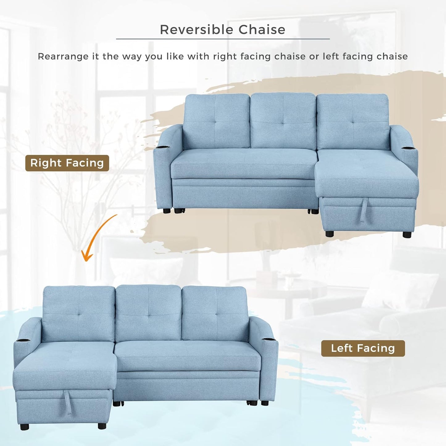 80.3" Pull Modern Sofa Bed Padded Upholstered 3 Seater Storage Chaise, Cup Holder, and Linen Fabric, Perfect Couch for Small Spaces, Blue