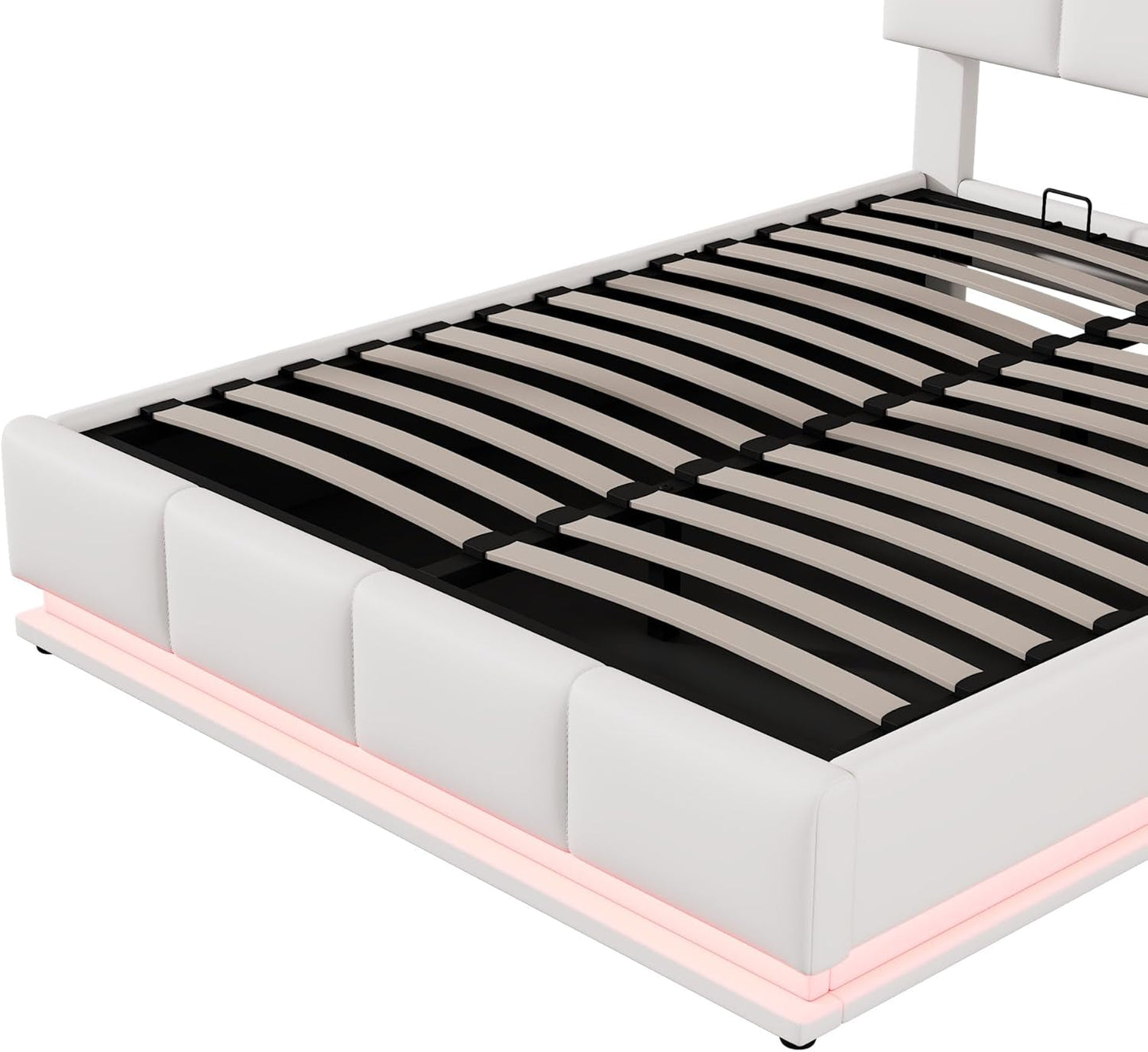 Full-Size Tufted Upholstered Platform Bed with Hydraulic Storage, LED Lights & USB Charger, Premium White PU Leather