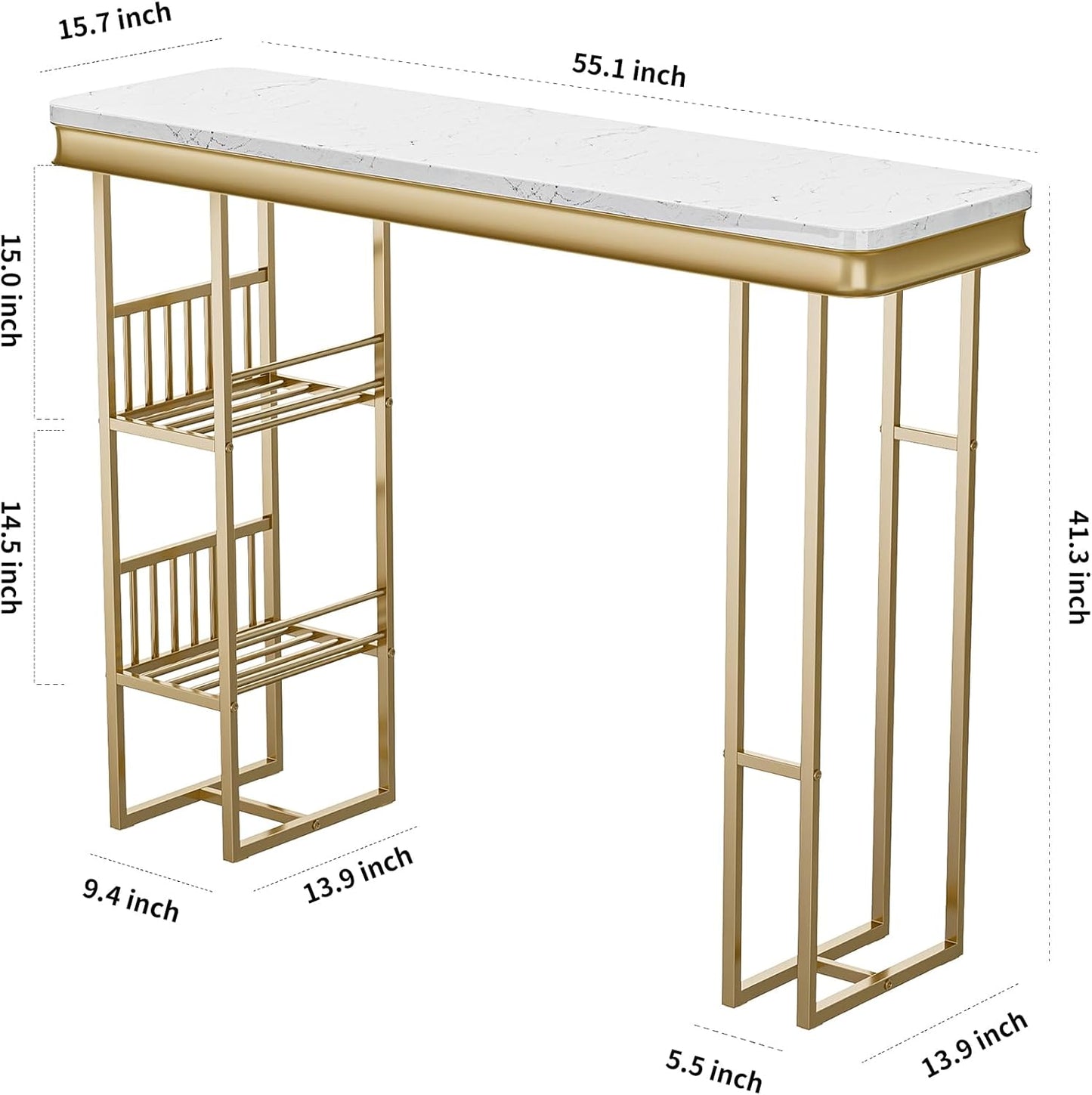 Straight Shelves Modern Golden Double Pedestal-Multifunctional Breakfast Table for Kitchen, Dining, Pub, and High Top Bar Areas, 55.1 inch, White+Gold