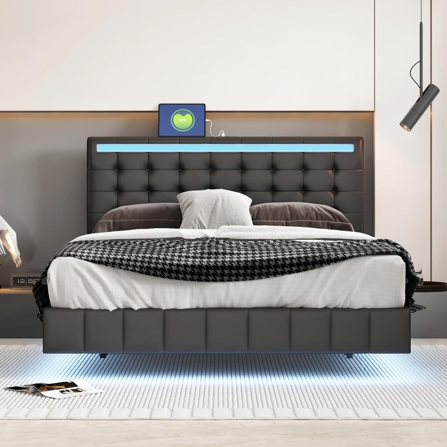 Queen Size Floating Lights and USB Charging,Modern Upholstered Platform LED Bed Frame,Black, Black2