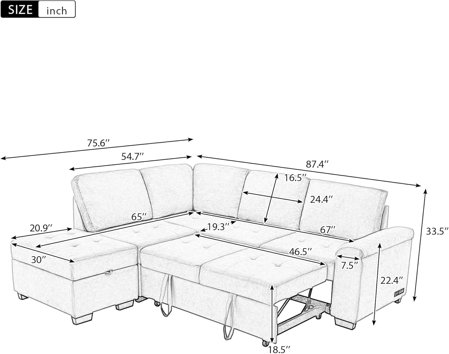 Sleeper Sectional L-Shape Corner Couch Sofa-Bed, Ottoman, Hidden Arm Storage, and USB Charge-Gray: Ideal for Your Living Room or Apartment, Grey