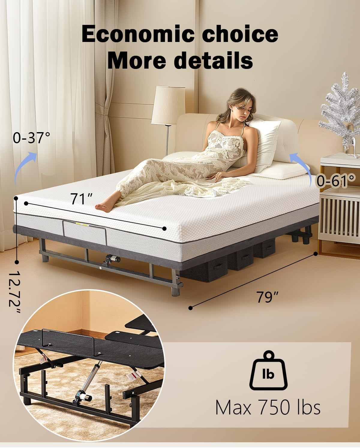 King Size Adjustable Bed Frame with Quiet Motor - Head & Foot Incline, Zero Gravity, Wireless Remote Control, Easy Installation (79" L x 71" W x 12.72" H)