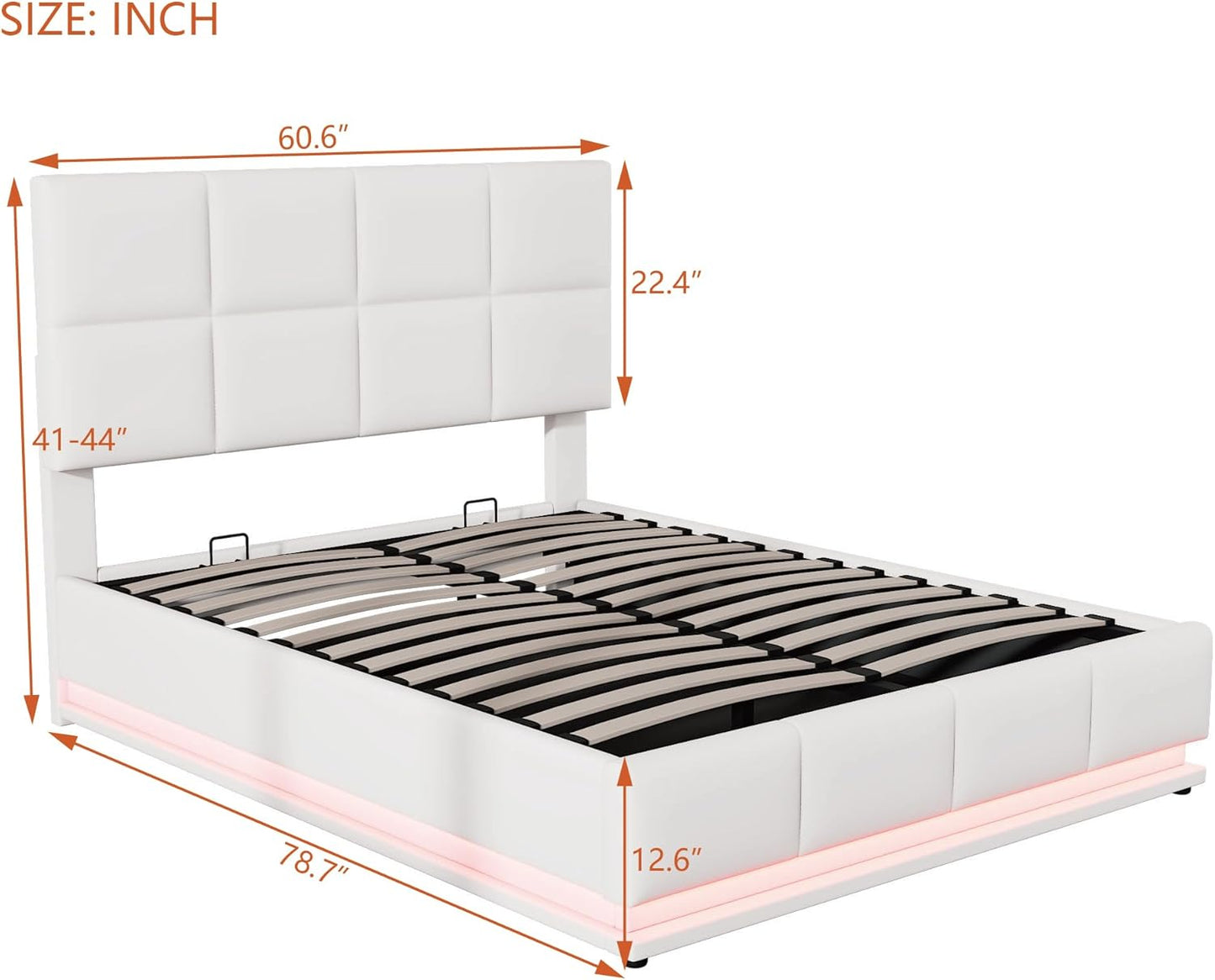 Full-Size Tufted Upholstered Platform Bed with Hydraulic Storage, LED Lights & USB Charger, Premium White PU Leather