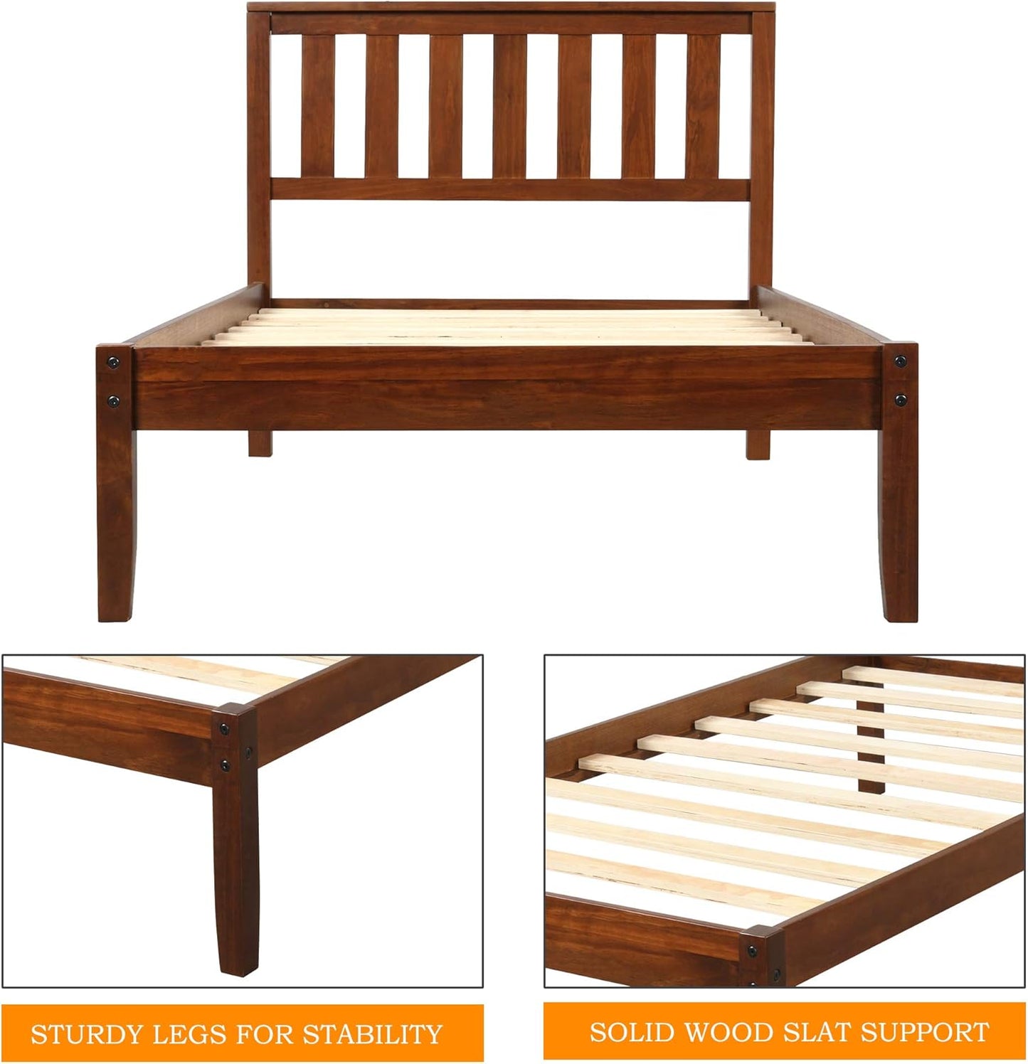 Twin Size Wood Platform Bed with Headboard and Footboard, 100% Pine Wood Frame, Strong Slat Support - Espresso, 80.2”L X 42.9”W X 36.2”H