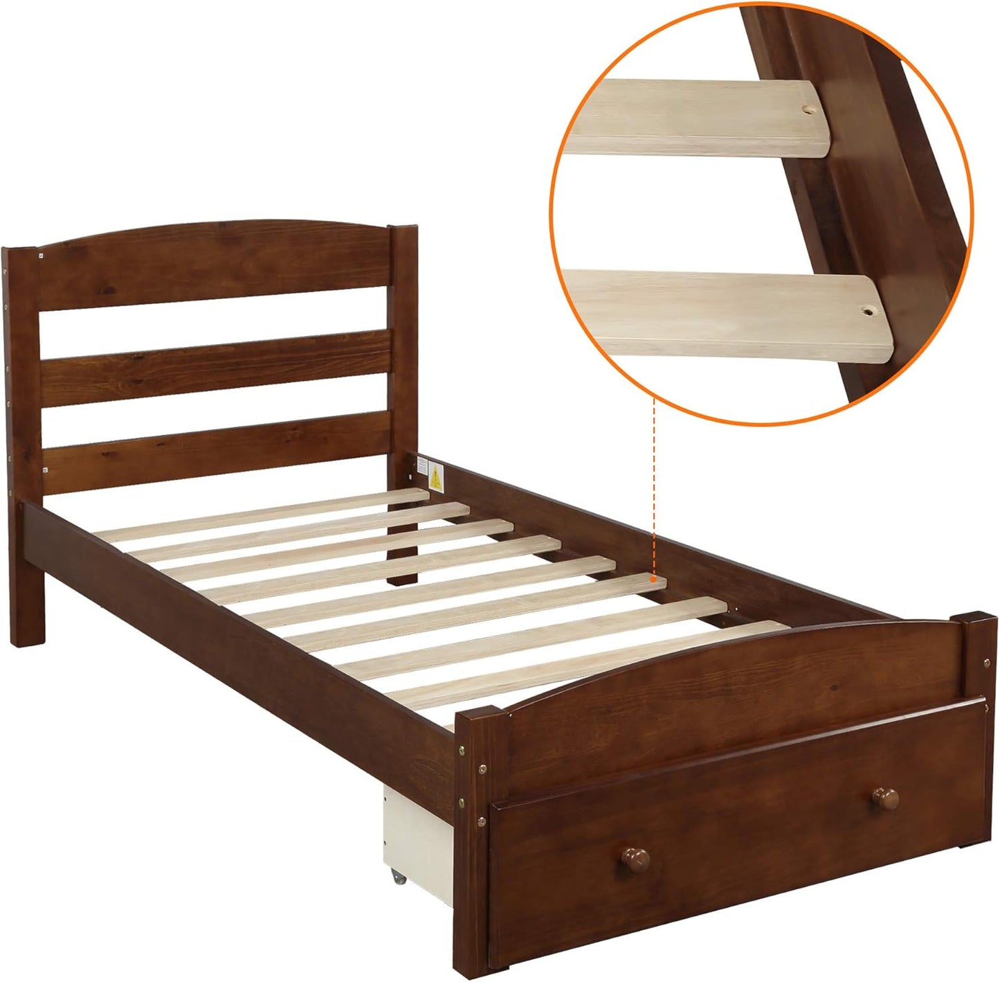 Twin Size Wood Platform Bed with Headboard and Footboard, 100% Pine Wood Frame, Strong Slat Support - Espresso, 80.2”L X 42.9”W X 36.2”H