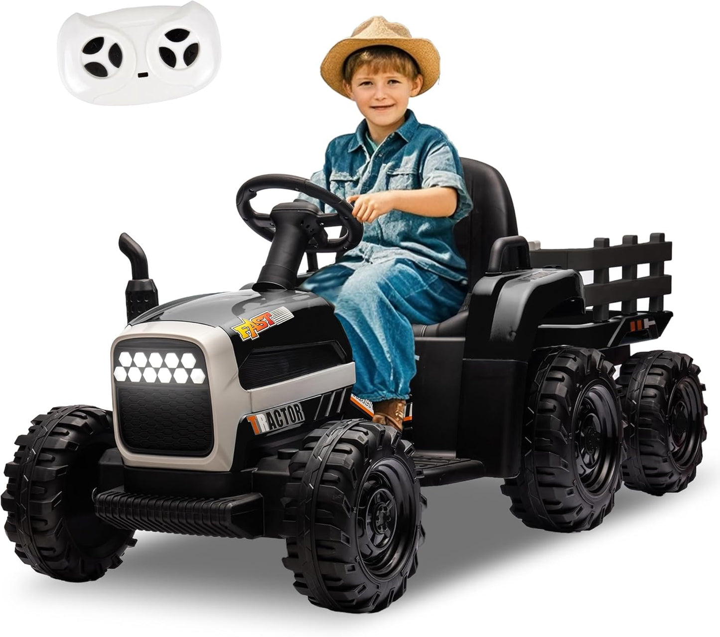 24V Ride On Tractor with Trailer, Ride on Toys for Kids, Dual 200W Motors, 3-Speed, Remote Control, USB/MP3/Bluetooth, LED Lights, Safety Belt, 1.86-4.97 MPH