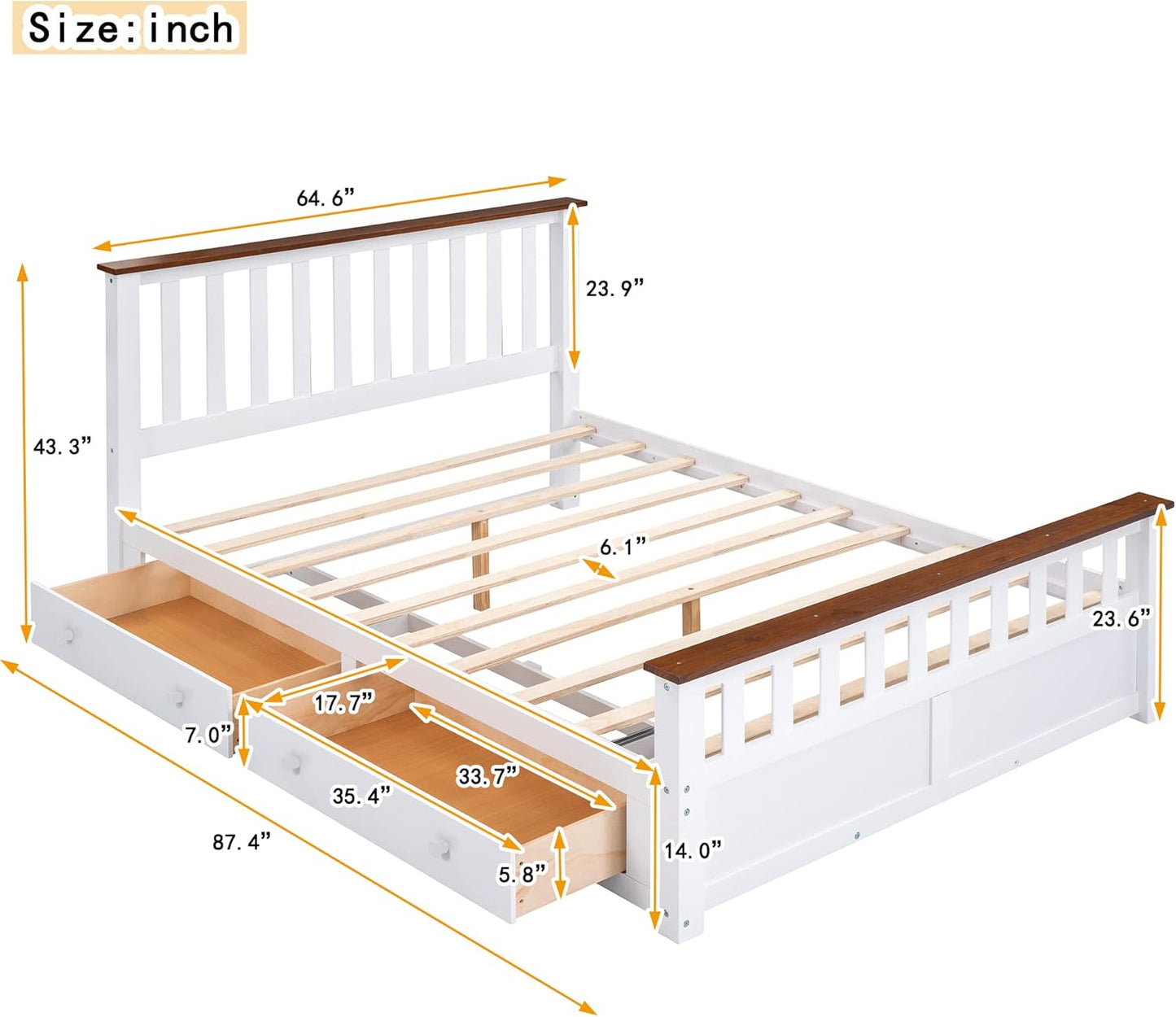 Full Size Wood Platform Bed with Two Drawers and Wooden Slat Support, White+Walnut