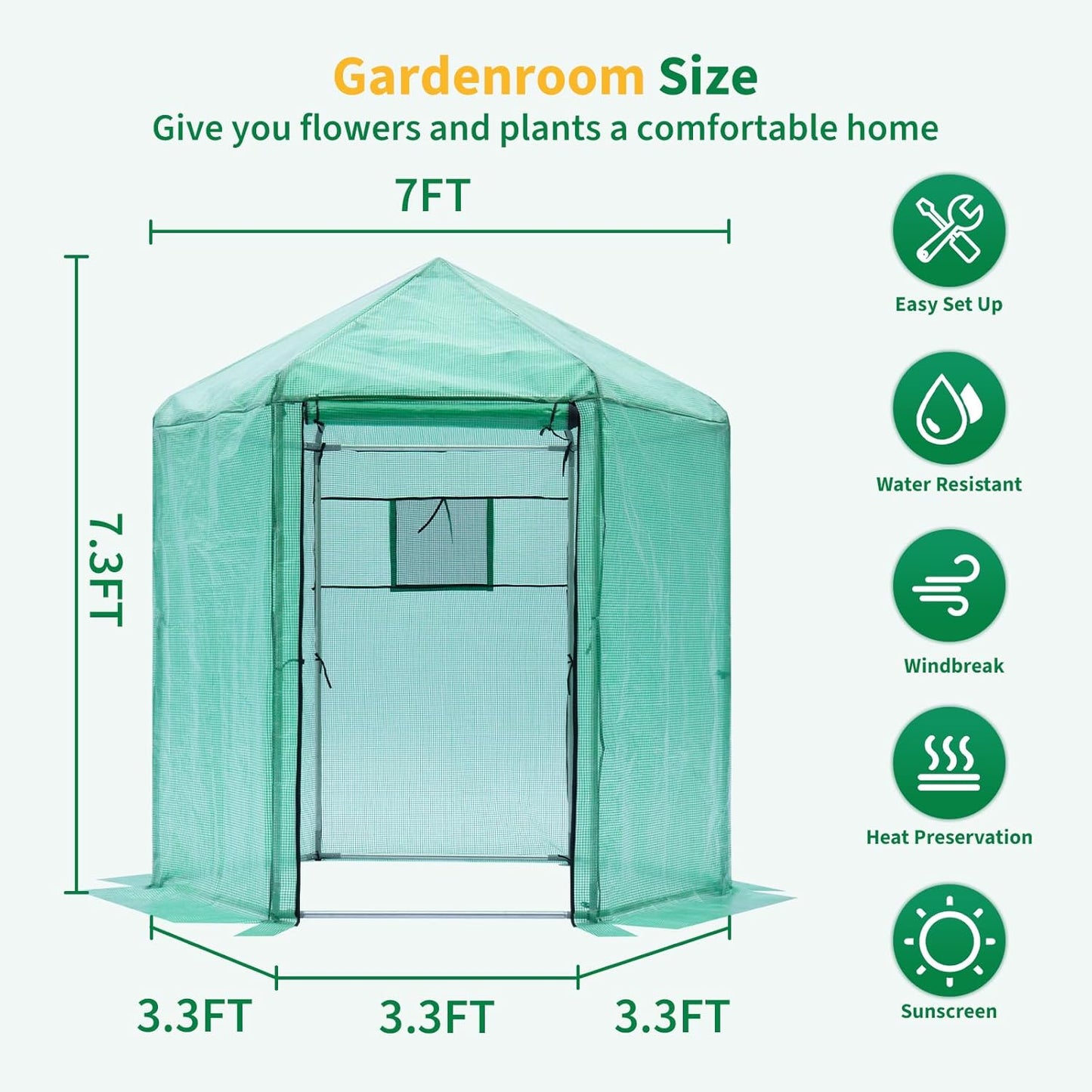 Greenhouse - Walk-in Hexagonal 13.1 * 8.6 ft, Upgraded Reinforced Frame, Heavy-Duty Plastic, Thickened Waterproof & Insulated, Ideal for Extended Growing Seasons