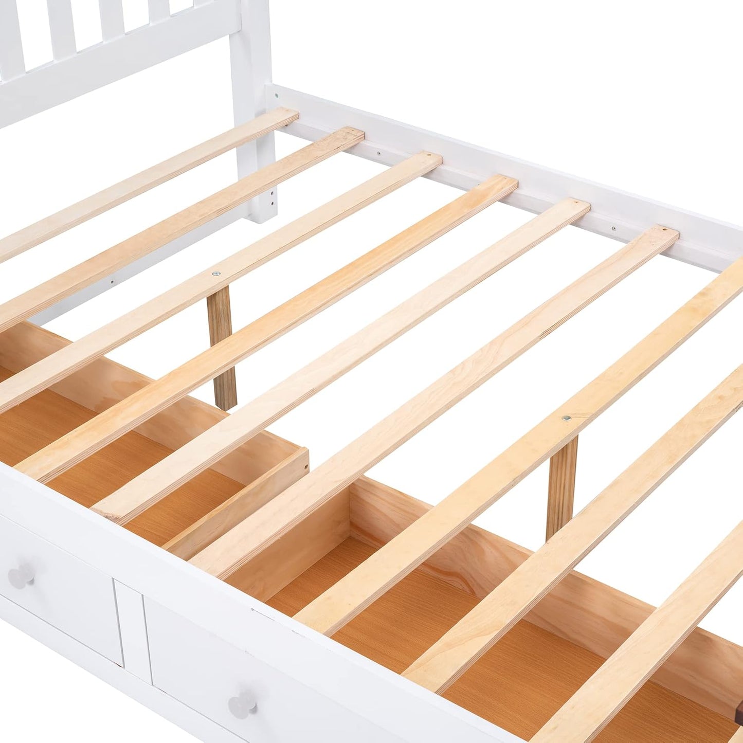 Full Size Wood Platform Bed with Two Drawers and Wooden Slat Support, White+Walnut