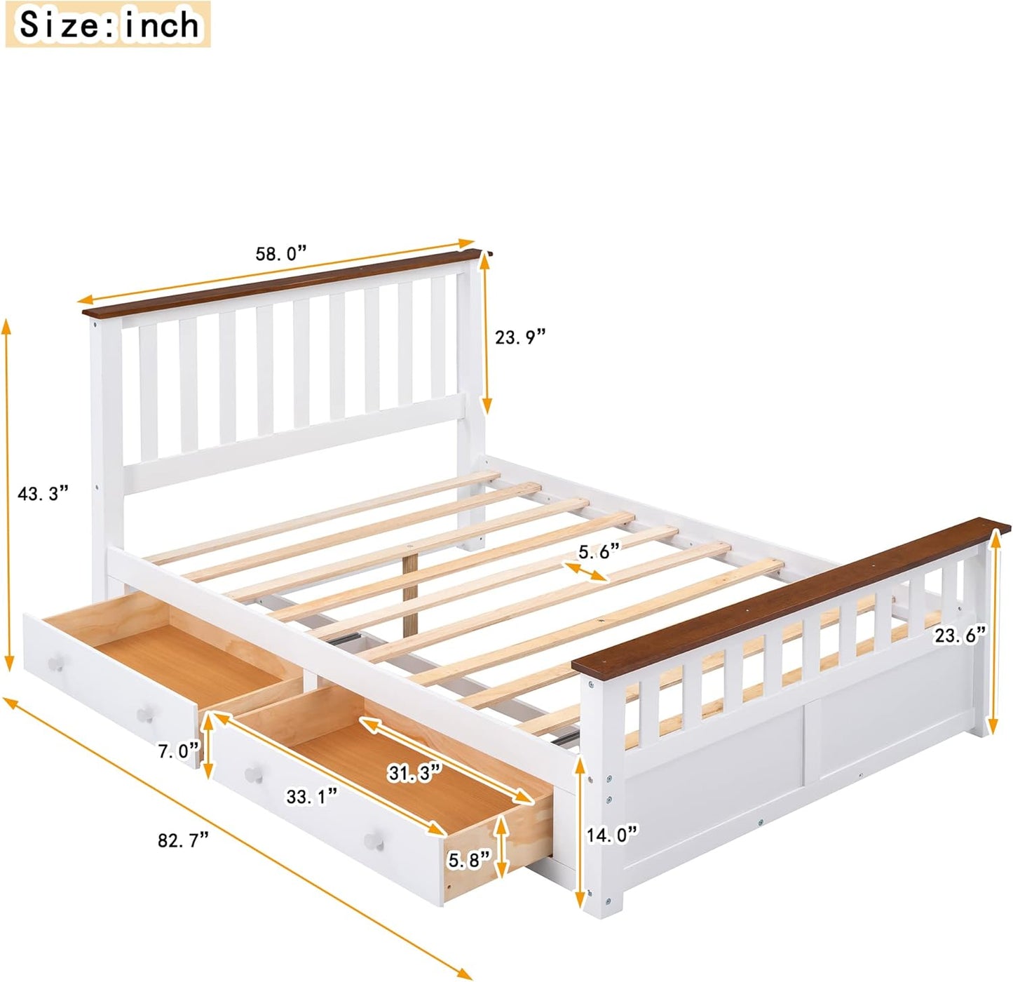 Full Size Wood Platform Bed with Two Drawers and Wooden Slat Support, White+Walnut