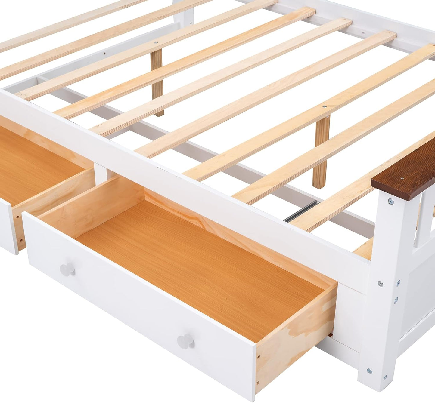 Full Size Wood Platform Bed with Two Drawers and Wooden Slat Support, White+Walnut