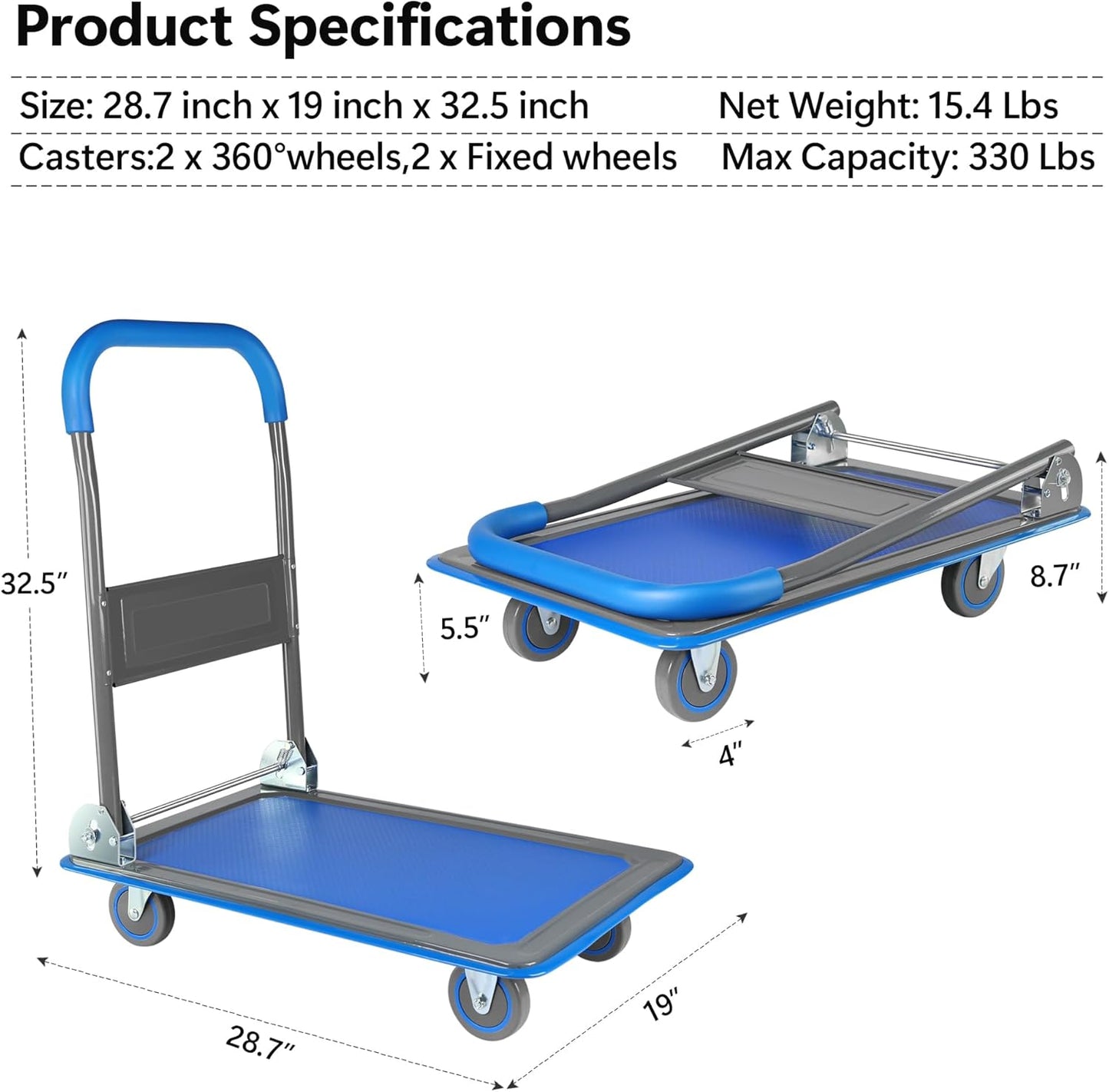 Push Cart, Heavy Duty Moving Platform Hand Truck with 330 lbs Capacity, Upgraded Foldable and Space-Saving Collapsible Design, Flat Bed Wagon, 360 Degree Swivel Wheels, Green