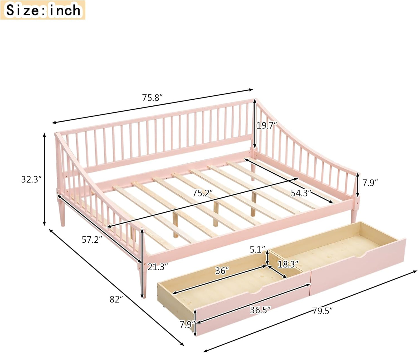 Full Size Daybed for Window Living Room with Trundle and Support Legs, White 1, Green