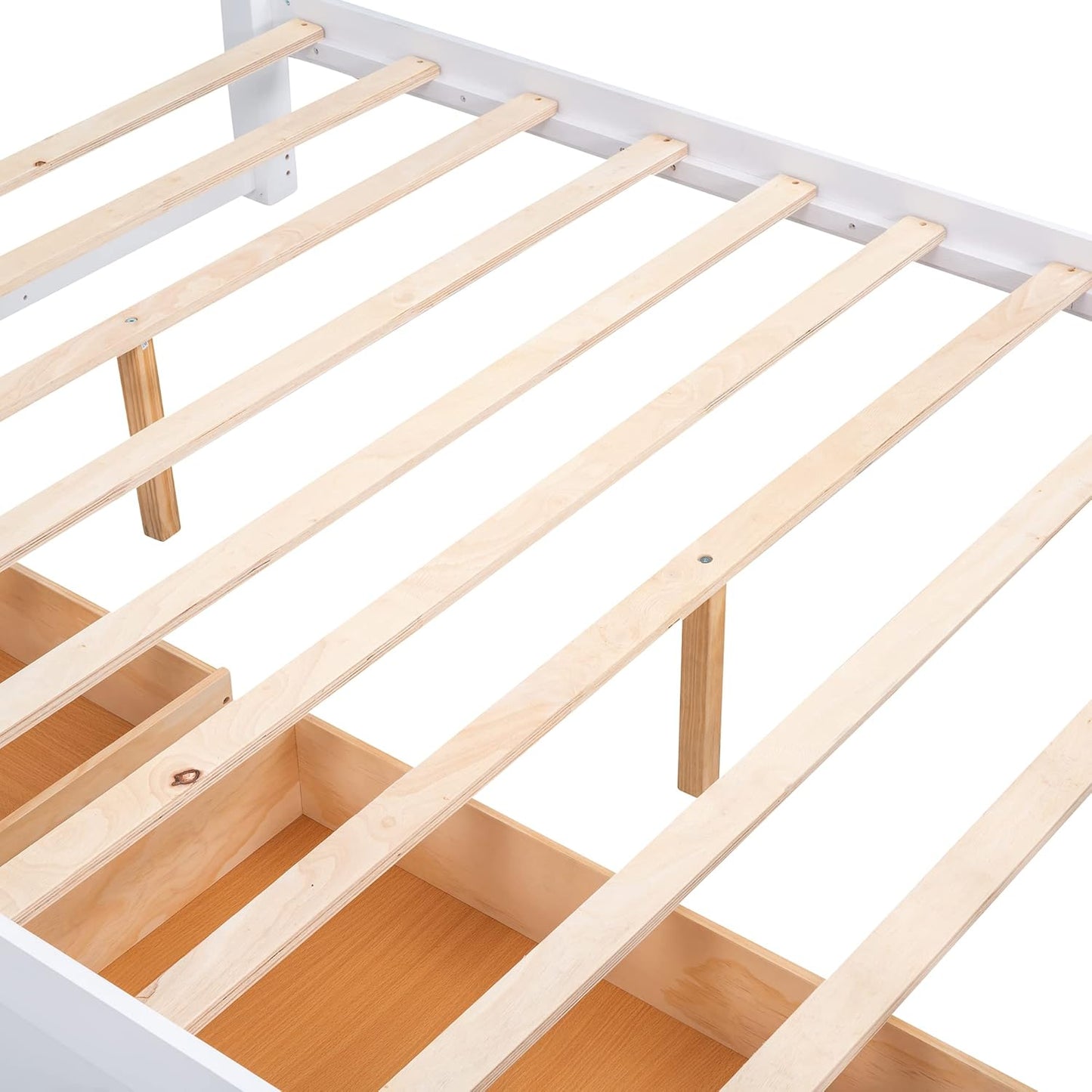 Full Size Wood Platform Bed with Two Drawers and Wooden Slat Support, White+Walnut