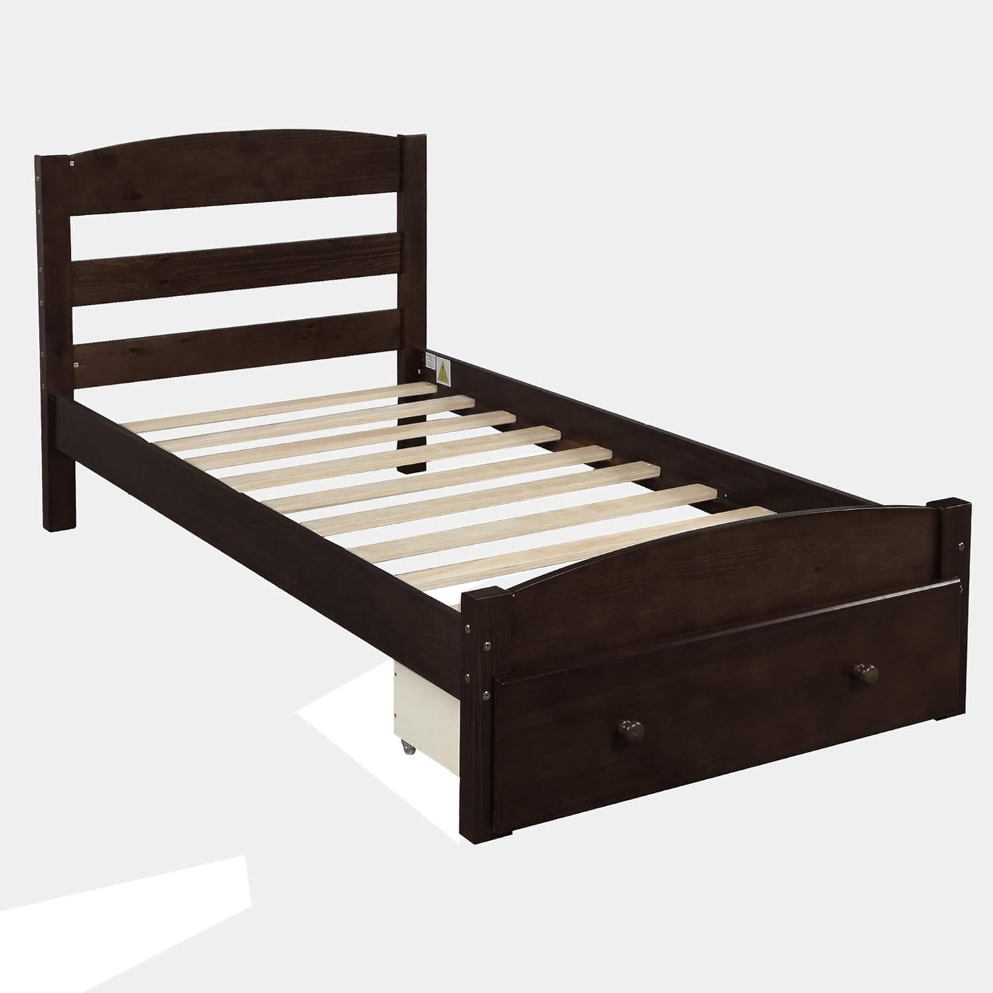 Twin Size Wood Platform Bed with Headboard and Footboard, 100% Pine Wood Frame, Strong Slat Support - Espresso, 80.2”L X 42.9”W X 36.2”H