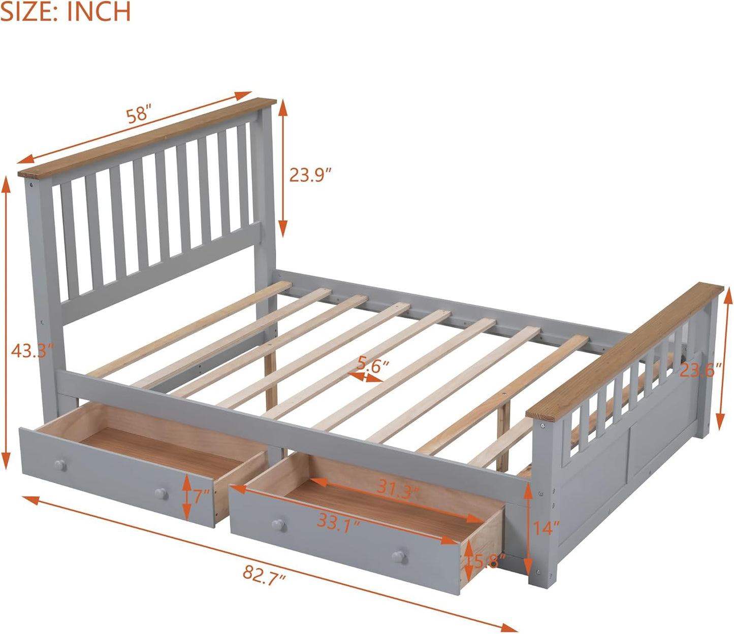 Full Size Wood Platform Bed with Two Drawers and Wooden Slat Support, White+Walnut