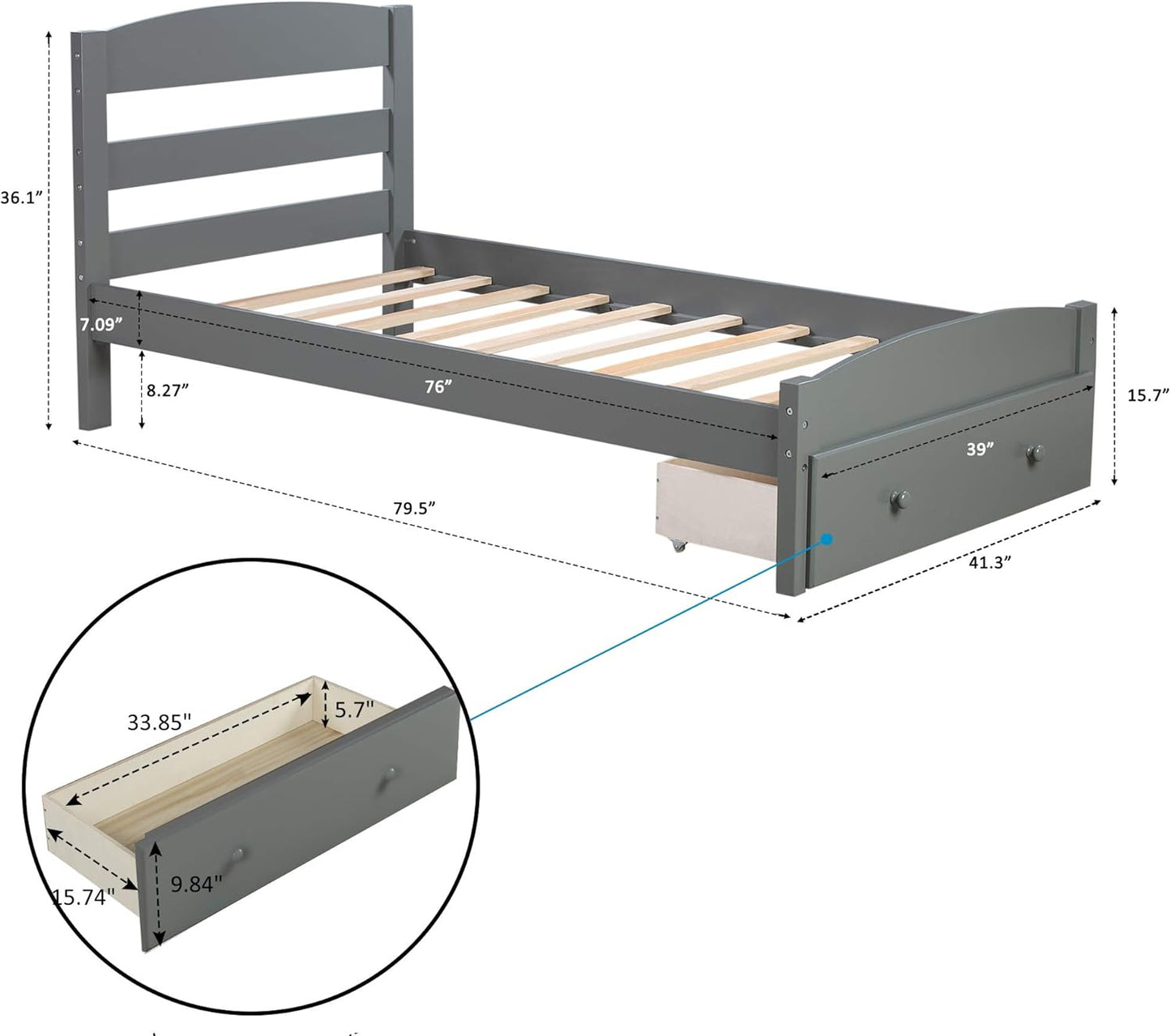 Twin Size Wood Platform Bed with Headboard and Footboard, 100% Pine Wood Frame, Strong Slat Support - Espresso, 80.2”L X 42.9”W X 36.2”H