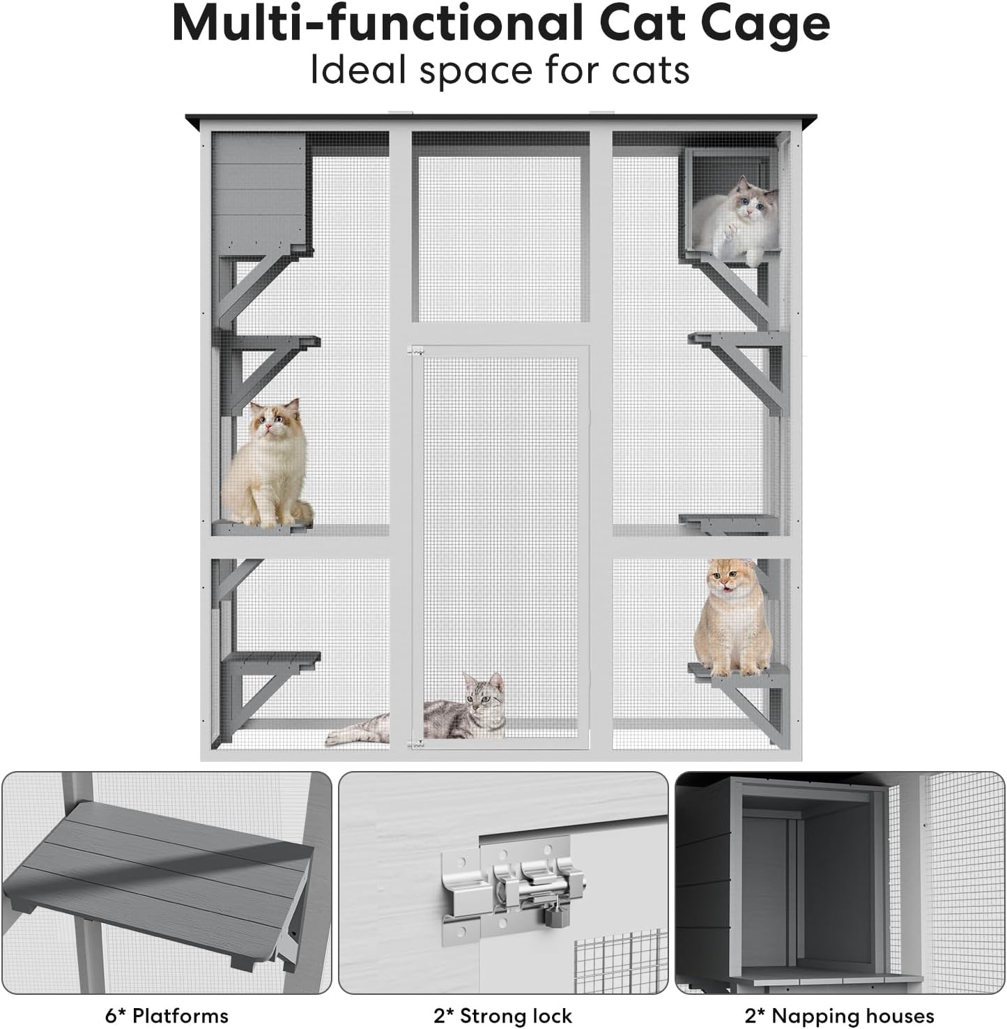 Outdoor Wooden Cat Catio - Large Solid Wood Cat Cage Playpen with 8 Jumping Platforms & 2 Napping Houses, Walk-in Cat Kennel Condo Shelter, White